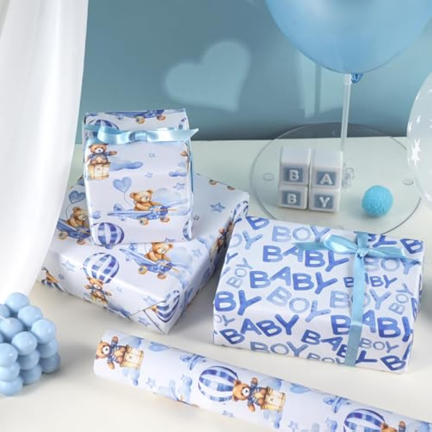 Baby Bear Wrapping Paper Roll, Blue Teddy Bear In Hot Air Balloon Design For Baby Boy Birthday, Baby Shower, Mini Roll, 17 Inches X 32.8 Feet (46.45 Sq.Ft.)