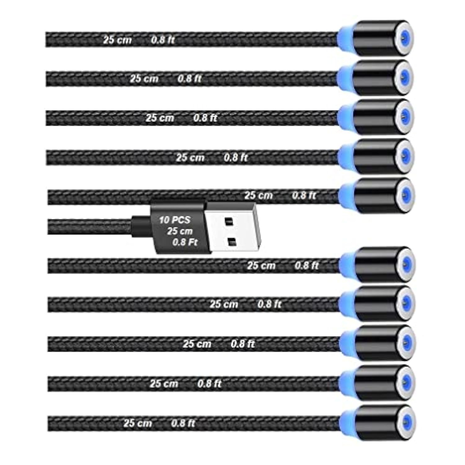 Magnetic Charging Cable 10Pcs,Just Short Usb Cables No Magnetic Charging Tips,[0.6~0.8Ft/20~25Cm,2.4 A Max) I Style Nylon Braid Cord,Compatibility Charger Station/Mobile Power&More Devices (Black)