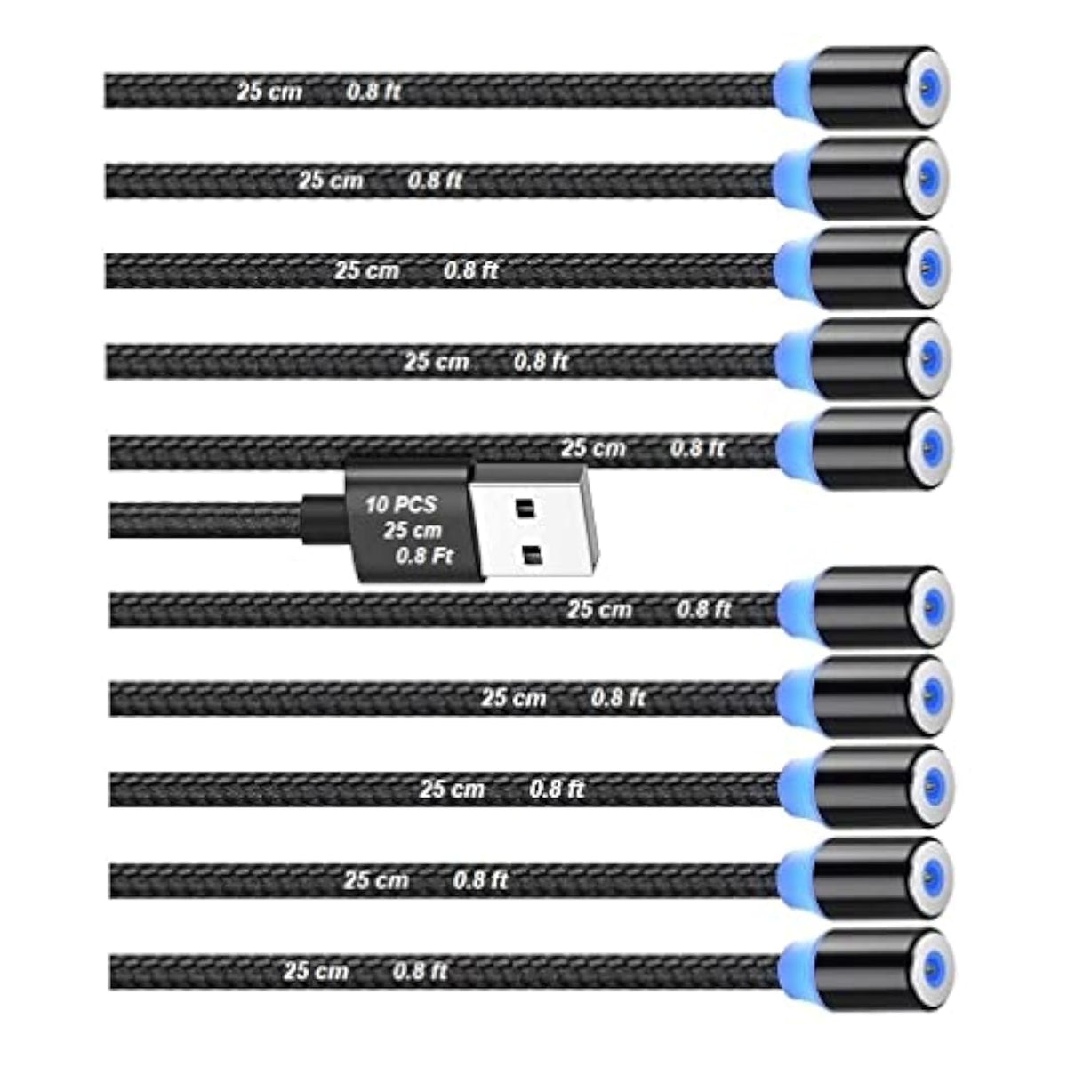 Magnetic Charging Cable 10Pcs,Just Short Usb Cables No Magnetic Charging Tips,[0.6~0.8Ft/20~25Cm,2.4 A Max) I Style Nylon Braid Cord,Compatibility Charger Station/Mobile Power&More Devices (Black)