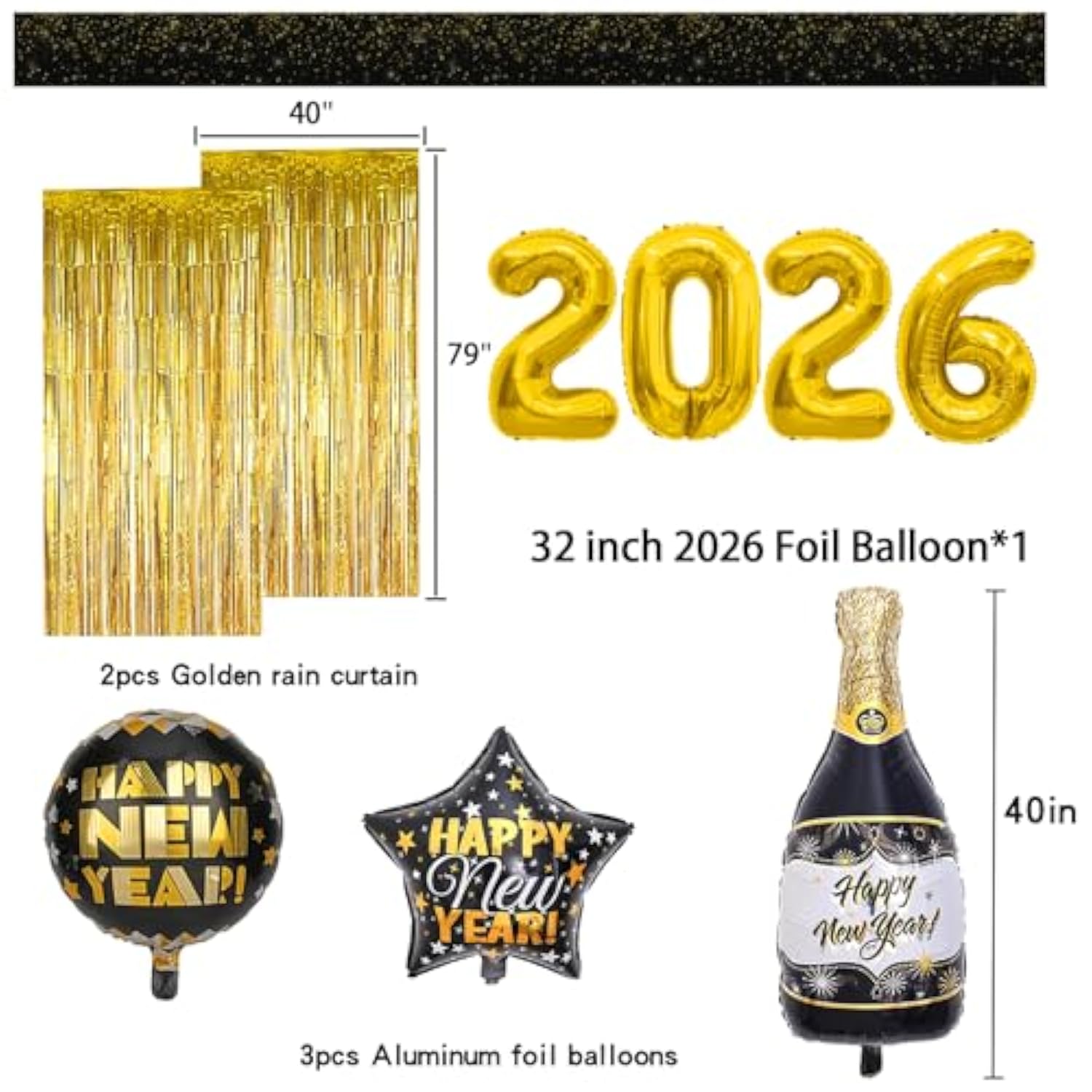 2026 New Year Party Kit with Hats, Balloons, Glasses, and Decorations