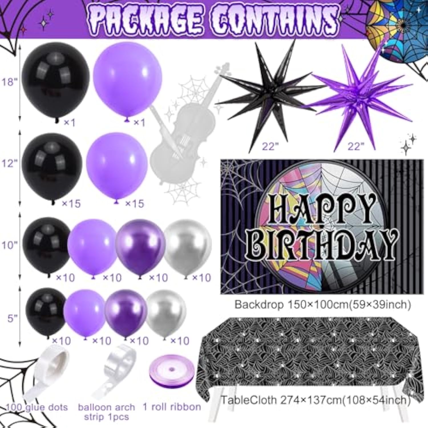 Purple And Black Birthday Party Decorations Supplies For Girls Kids With Balloon Garland Arch Kit Birthday Backdrop Spider Web Tablecloth Star Balloon Halloween Black Purple Party Decorations