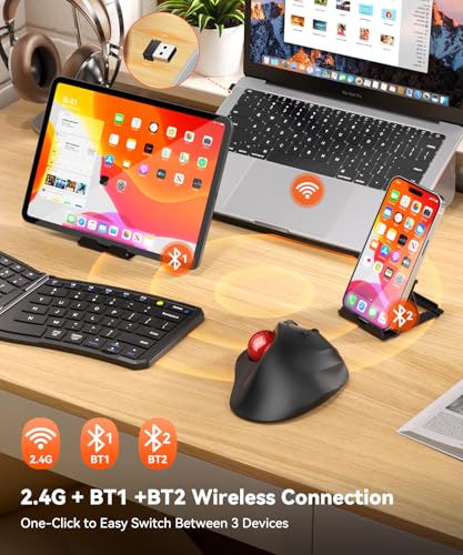 Ergonomic Wireless Trackball Mouse, 3 Device Connection (Bluetooth Or 2.4G Usb Receiver) Bluetooth Quiet Computer Mouse, 2*Aaa Battery Thumb Laptop Mice With 5 Level Dpi For Pc/Laptop/Mac/Windows Red