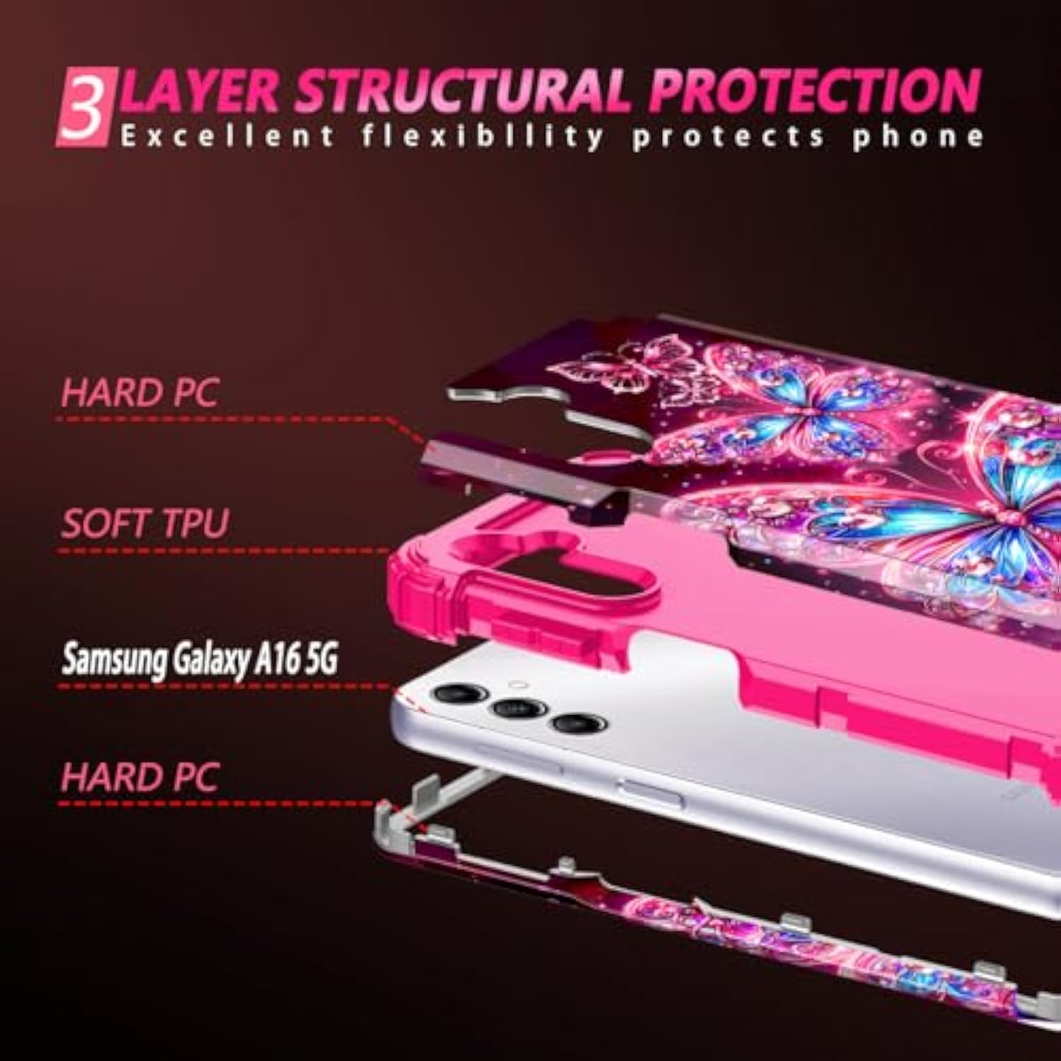 Compatible With Galaxy A16 5G Case,Glow In The Dark Three Layer Heavy Duty Sturdy Shockproof Full Body Protection Rugged Hard Pc+Soft Tpu Bumper Case For Samsung Galaxy A16,All Butterfly
