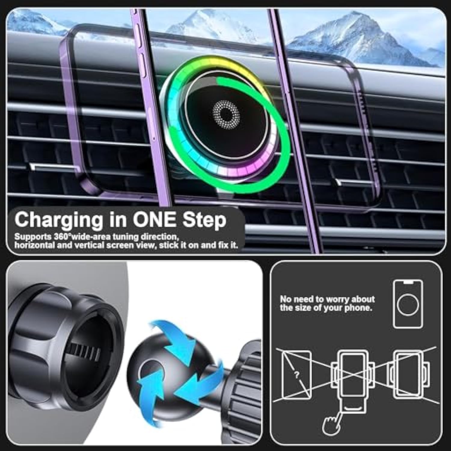 Magnetic Phone Car Mount With Light Car Phone Holder Wireless Charger With 18W Adapter Air Vent Wireless Car Charger 360° Adjustable Rotation Fast Charging Compatible With Iphone Car Mount