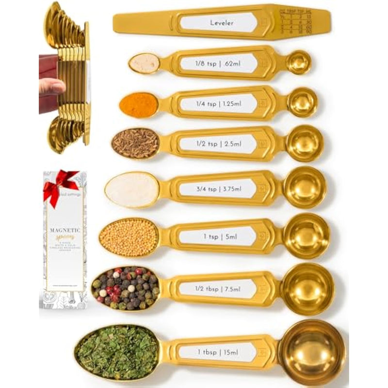 White And Gold Measuring Spoons With Leveler - Featuring 8Pc Upgraded Style, Dual-Sided, Stackable, Stainless Magnetic Measuring Spoons Set - Fits In Spice Jars, White And Gold Kitchen Accessories