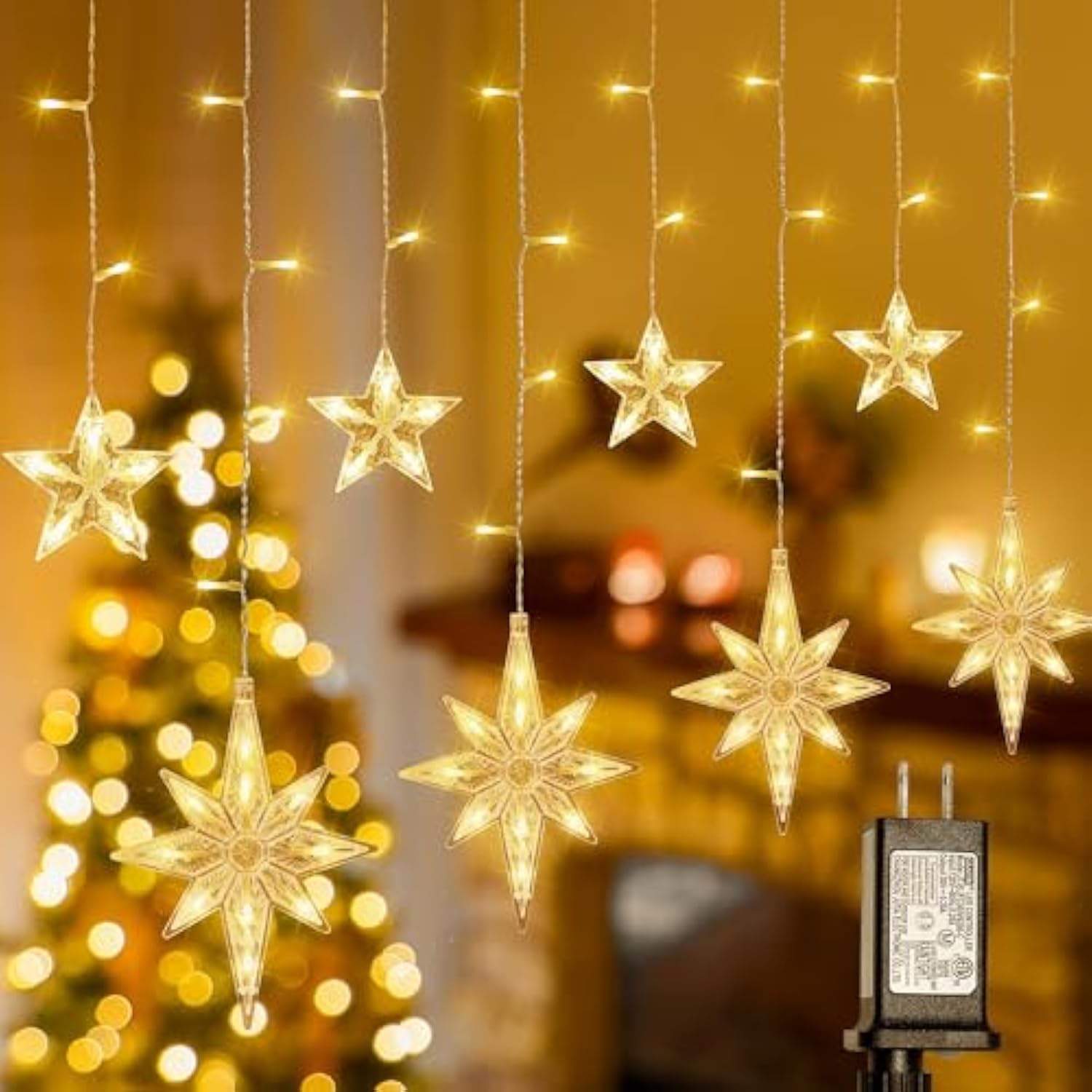 126 Led Star Icicle Lights,7.8Ft Connectable Window Curtain Lights Plug In,8 Lighting Modes Timer Bethlehem Star Christm