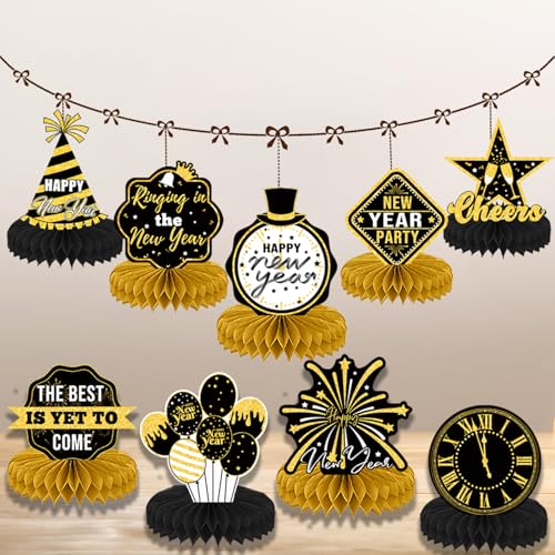 Black Gold New Years Eve Party Supplies Happy New Year Table Centerpieces for New Years Eve Party Decorations, 9 Pcs