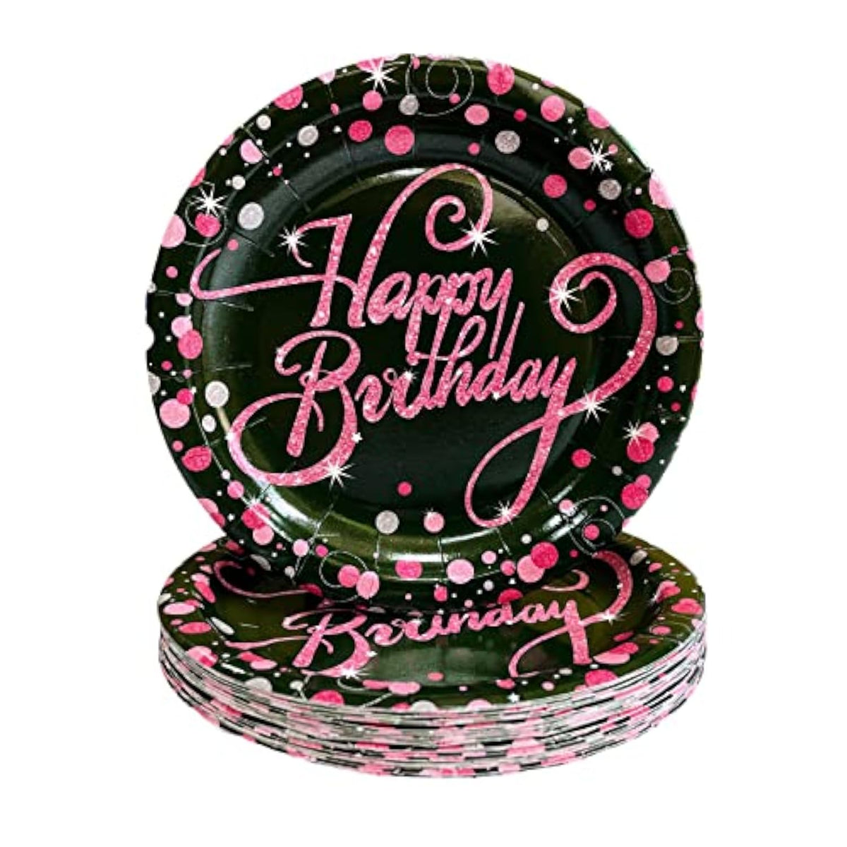 24pcs Pink & Black Birthday Plates – 7" Disposable Party Tableware for All Ages