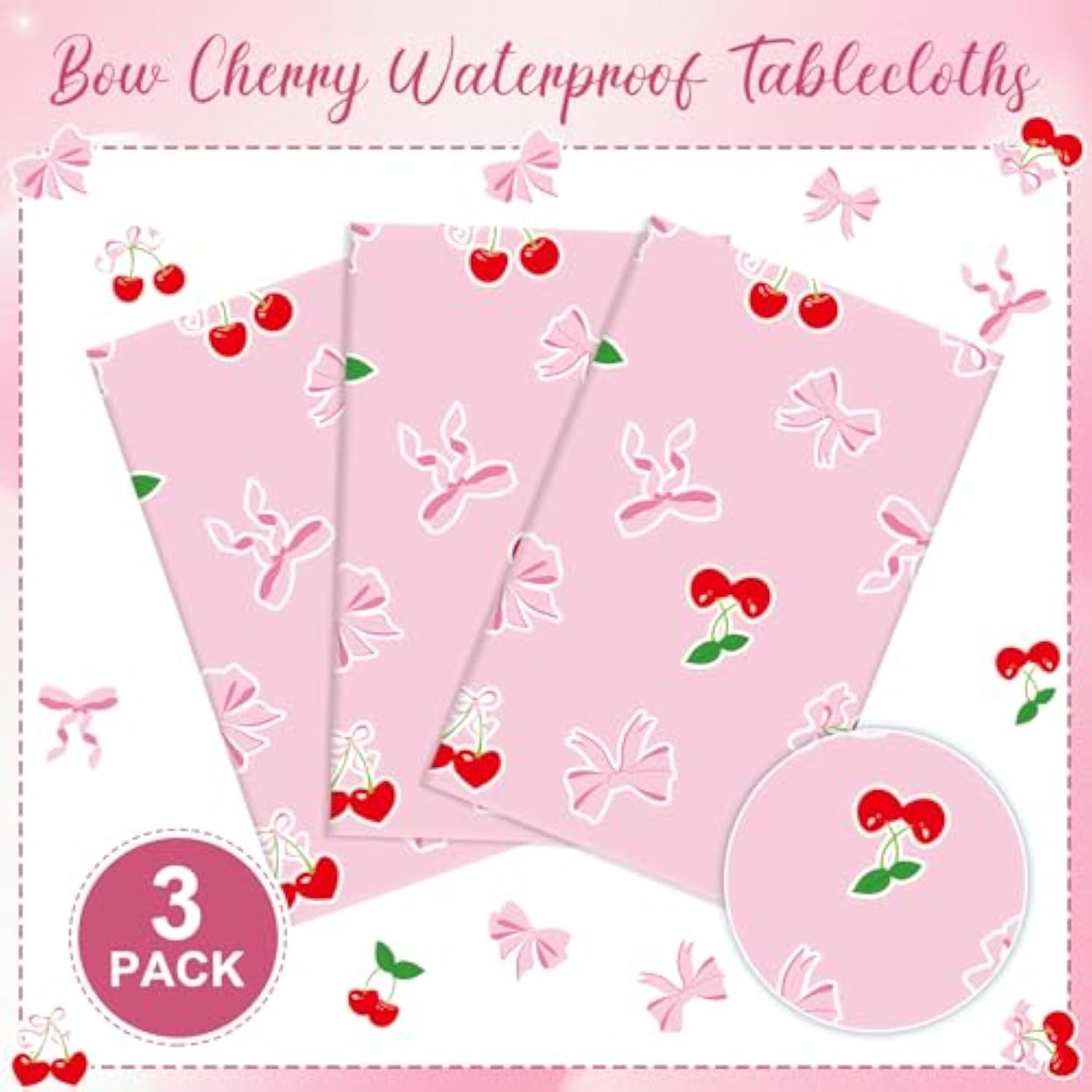 3 Pcs Cherry Bow Table Cloth Red Cherries Table Cover Pink Bow Tablecloth Disposable Plastic She'S The Cherry On Top Tablecover For Bachelorette Baby Shower Bridal Birthday Party Decor Supplies