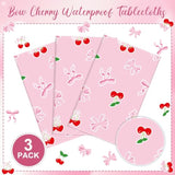 3 Pcs Cherry Bow Table Cloth Red Cherries Table Cover Pink Bow Tablecloth Disposable Plastic She'S The Cherry On Top Tablecover For Bachelorette Baby Shower Bridal Birthday Party Decor Supplies