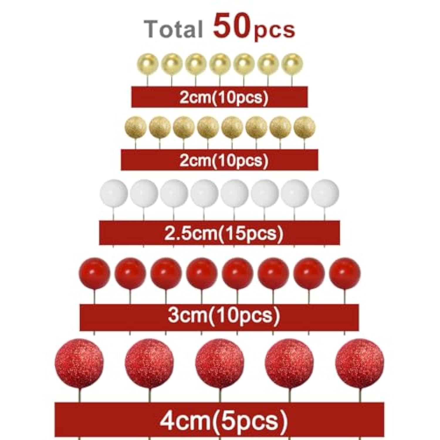 50 Pcs Ball Cake Topper Sticks Mini Balloons For Cake Decorating Supplies Foam Balls For Graduation Cake Birthday Cake Toppers Decorations (Gold?Red Series)