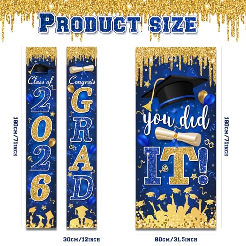 Blue and Gold Graduation Decorations Class of 2026 Congrats Grad Banner and You Did It Graduation Door Cover for High School College Grad Party Supplies(Blue)