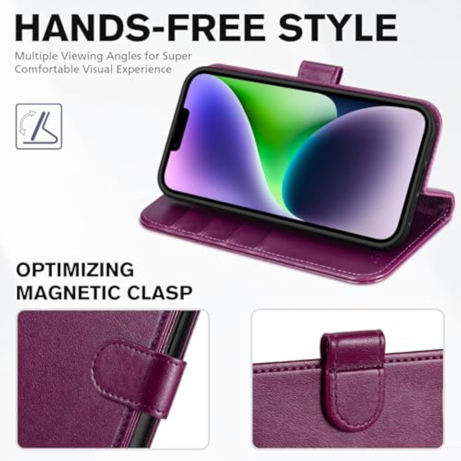 TUCCH Wallet Case for iPhone 14 (6.1") 2022, Flip Stand, Plum Purple