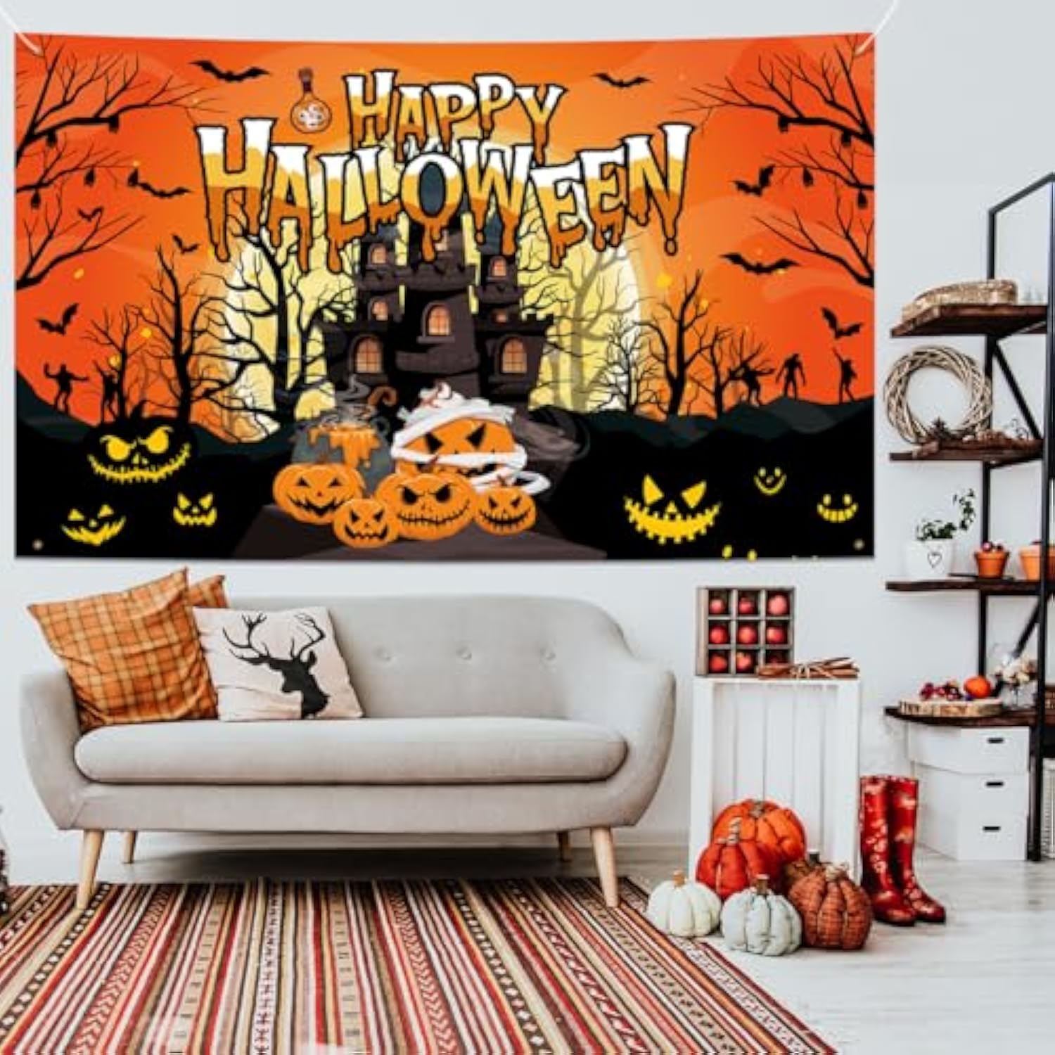 Halloween Backdrop Banner 72x44 Inch Scary Pumpkin Happy Halloween Party Outdoor