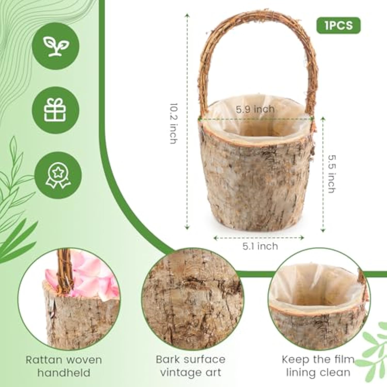 1 Pc Flower Girl Basket Retro Wooden Bark Style Small Baskets With Handles For Wedding Floral Decoration Wedding Flowers Candy Storage And Home Decoration