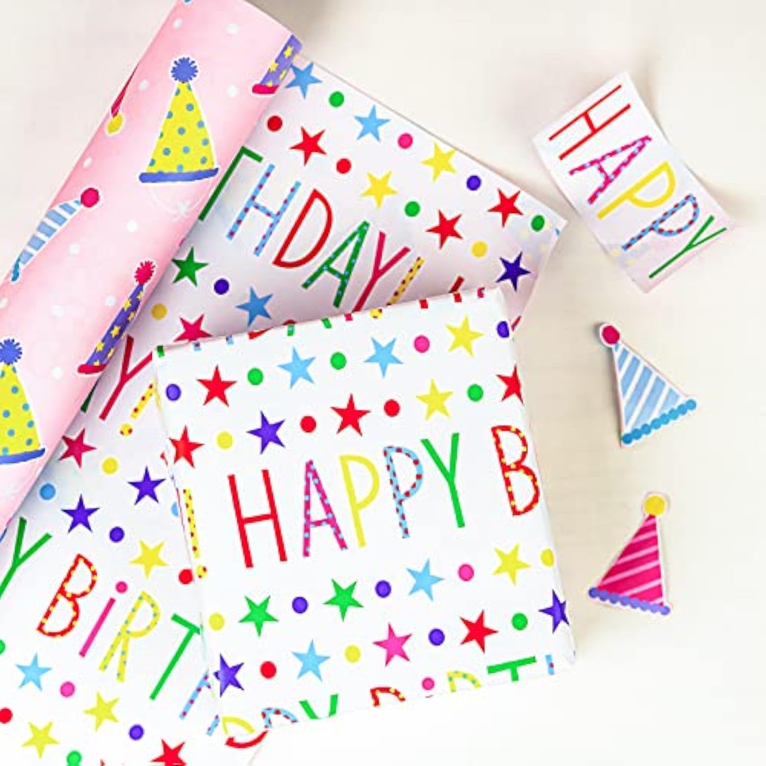 Reversible Birthday Wrapping Paper, 17"x32.8", Pink Hats & Lettering for Girls