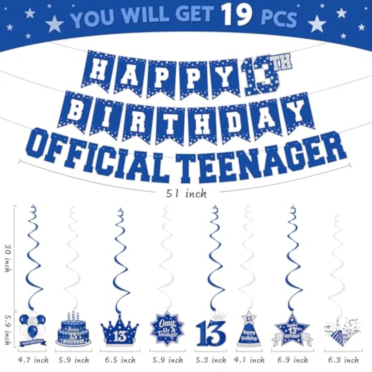 13th Birthday Decorations – Navy Blue Banner & Hanging Swirls for Teens