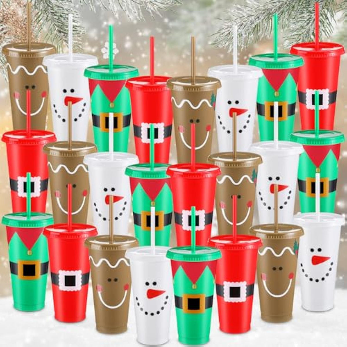 24 Pcs Reusable Christmas Cups Bulk Plastic Coffee Cups Travel Mug 24 Oz 4 Styles Christmas Reusable Tumbler With Lids And Straws For Wine Hot Cold Drinks Xmas Party Supply
