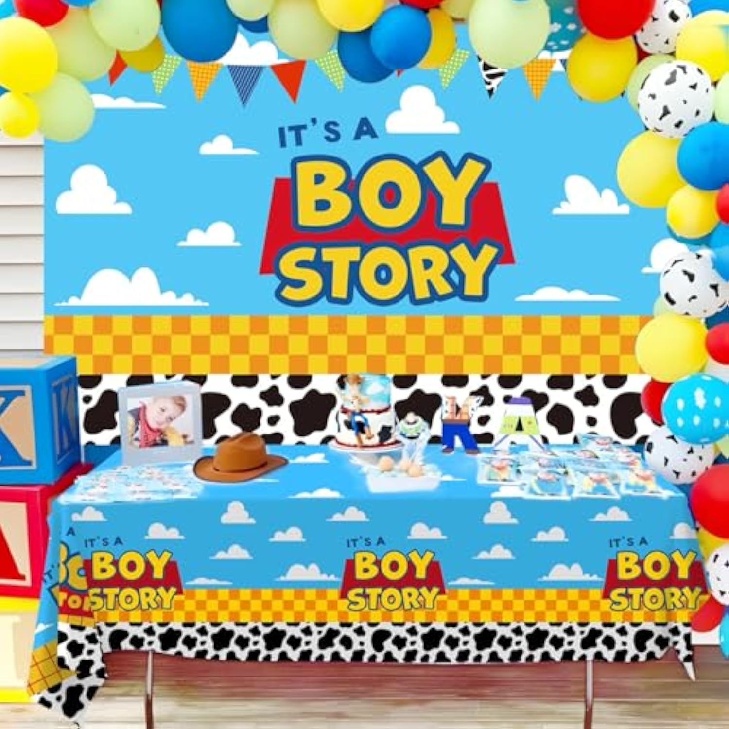 Boy Story Baby Shower Backdrop – “It’s a Boy Story” 3×5 ft Toy & Cloud Theme Banner Decoration