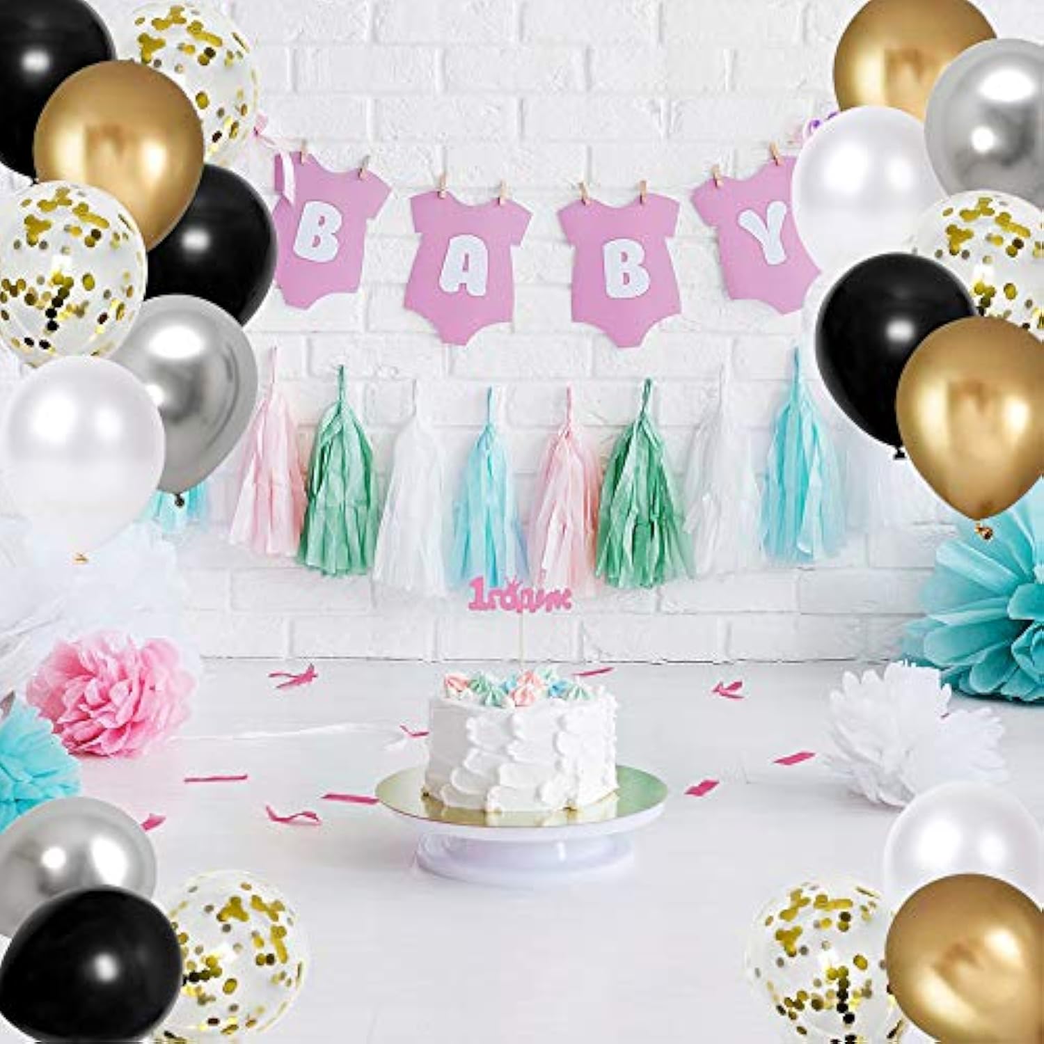 50 Pack Black Gold Silver 12 Inch Metallic Latex Balloons with Ribbon Party Decor