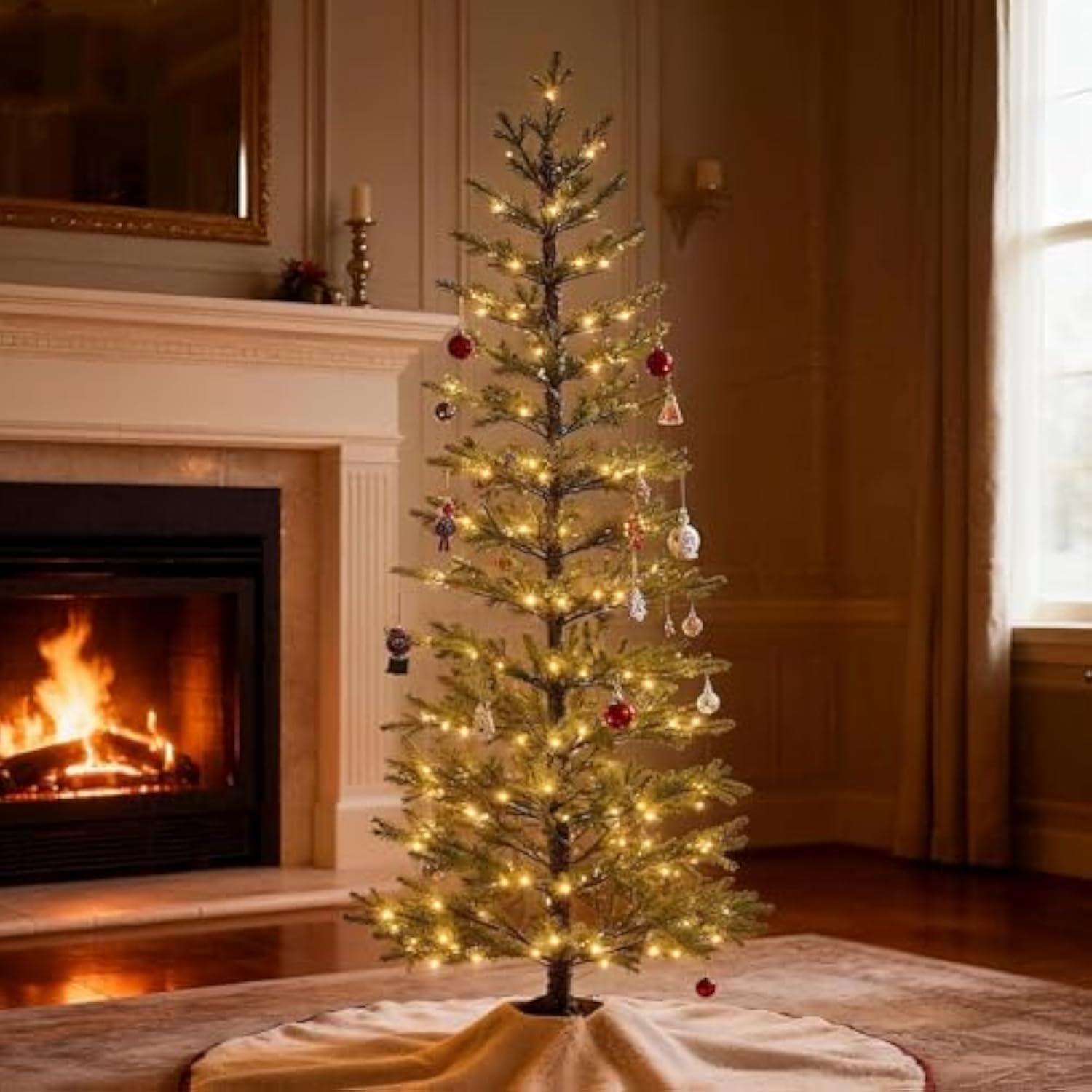 7.5Ft 180 Led Minimalist Pre-Lit Slim Pencil Artificial Christmas Tree With Warm White Lights Scandinavian Style Decor Indoor Holiday Decoration Modern Evergreen Pine Needle Tree