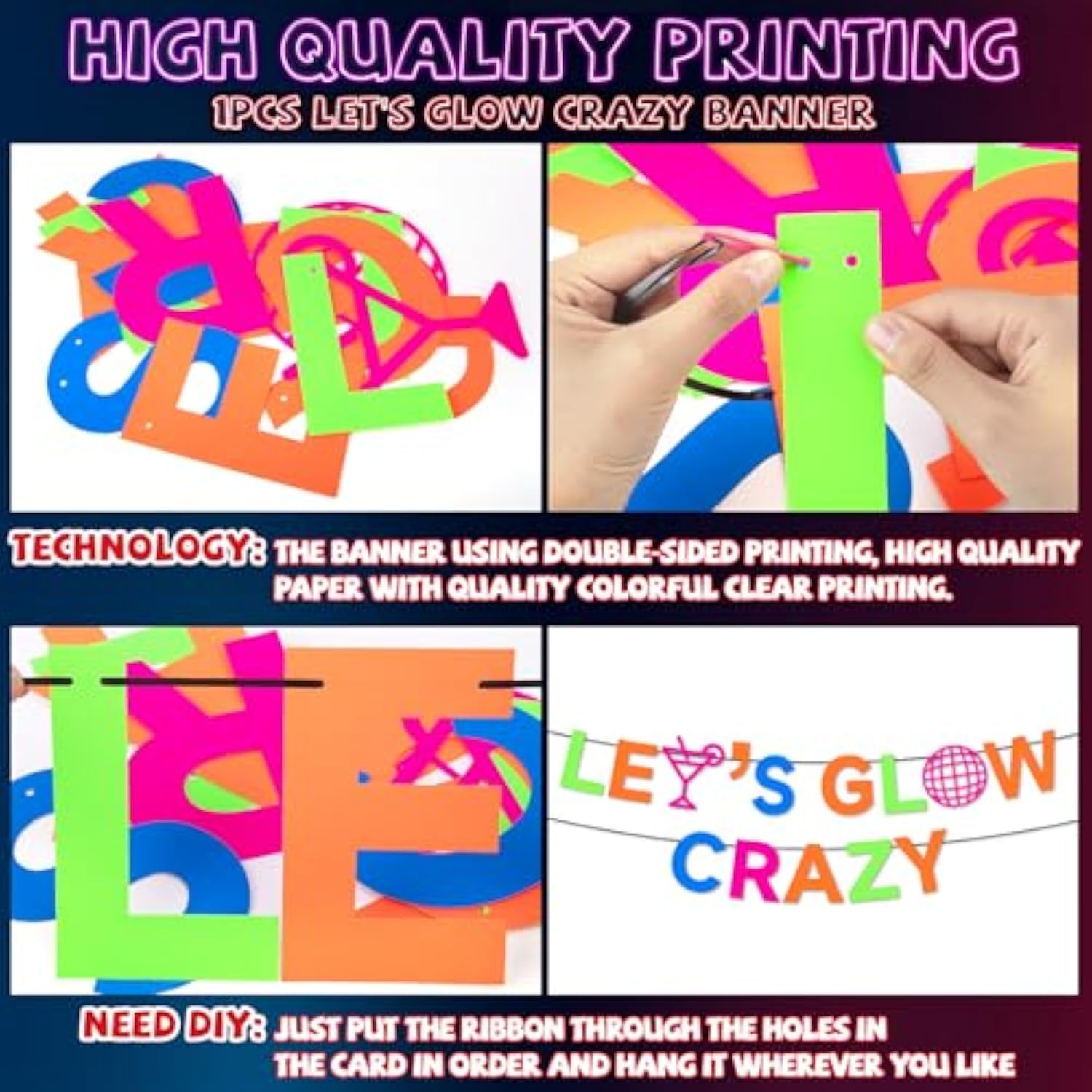 3 Pack Glow in the Dark Neon Party Decorations Backdrop and Banner