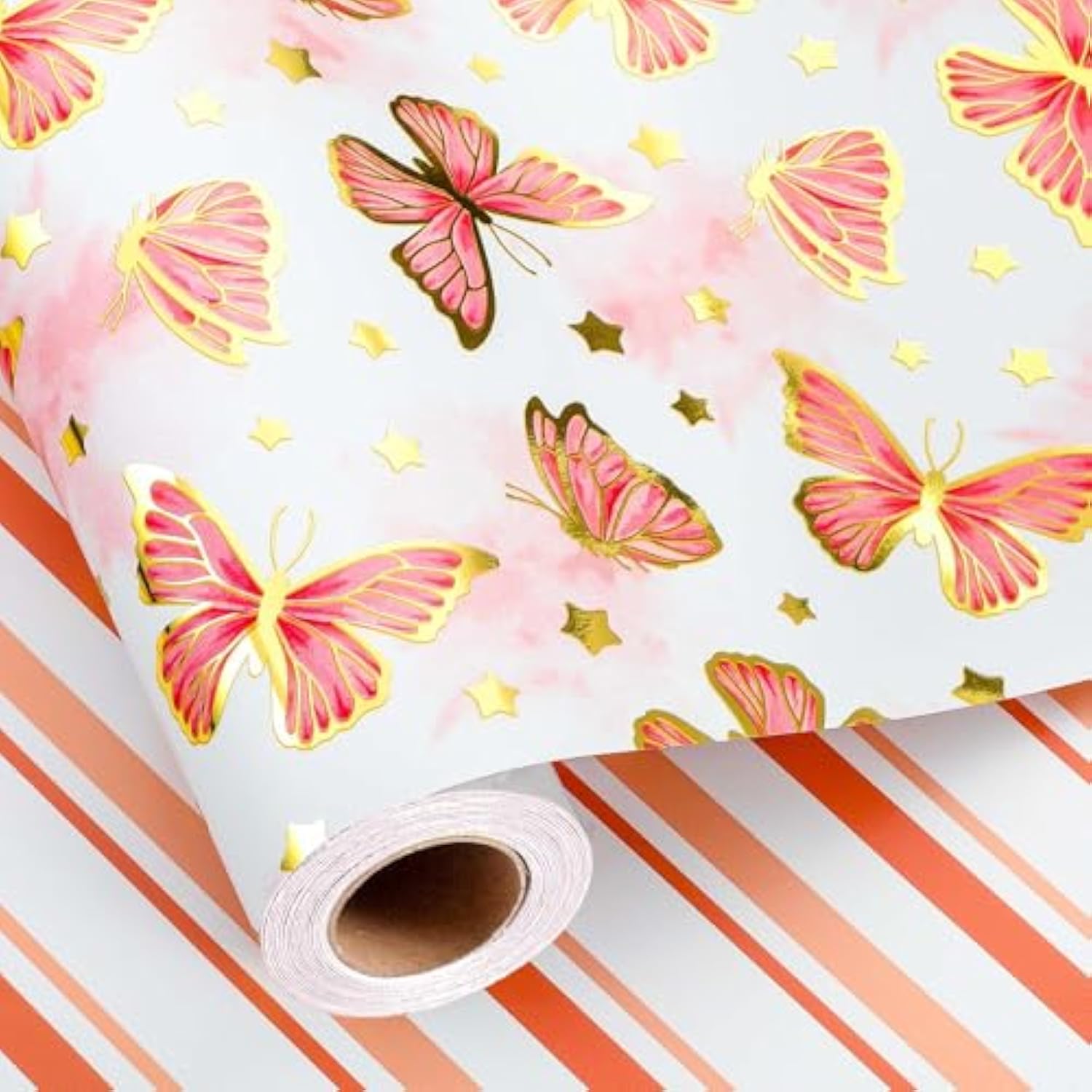 Girl Wrapping Paper Roll, 17In X 33Feet Gold Foil Butterfly Pink Gift Wrap For Baby Shower, Women, Wedding, Bridal Shower
