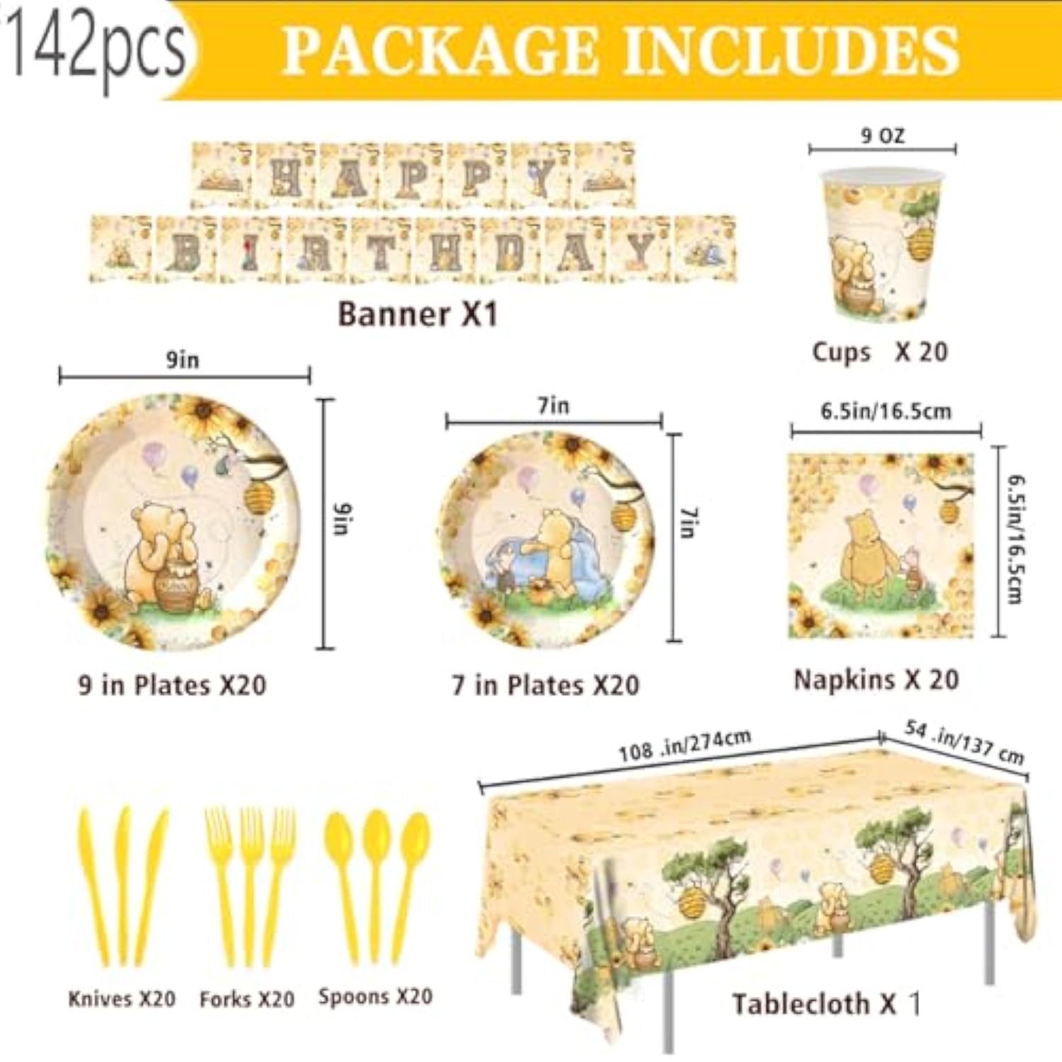 142Pcs Classic Bear Baby Shower Decorations Baby Shower Party Tableware With Plates, Napkin, Forks, Cups Banner And Tablecloth For Birthday Party Supplies Set Serves 20 Guests (Yellow)