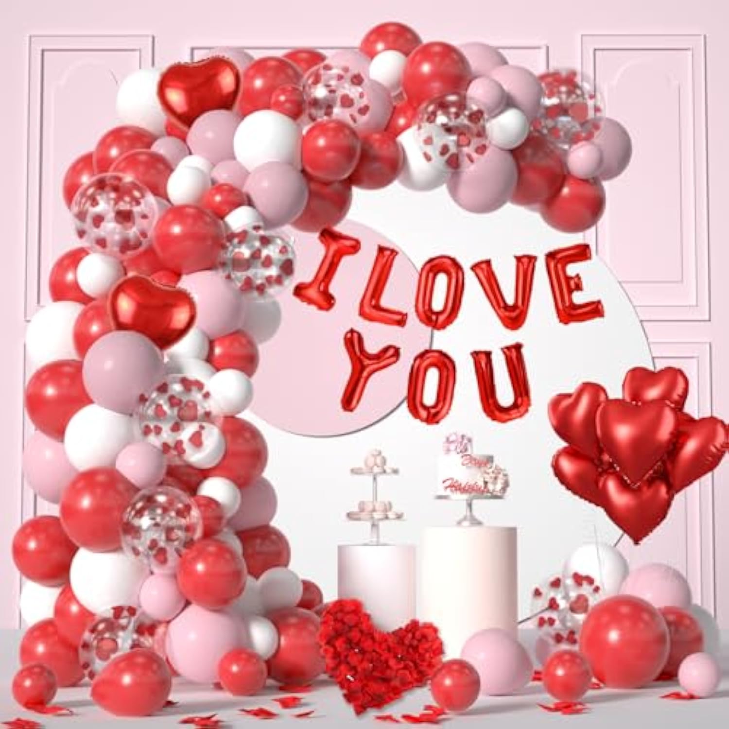 617Pcs Valentines Balloon Arch, I Love You Balloon, Red Pink White Heart Balloon And Rose Petals For Valentines Day Wedding Engagement Anniversary Romantic Decorations Special Night