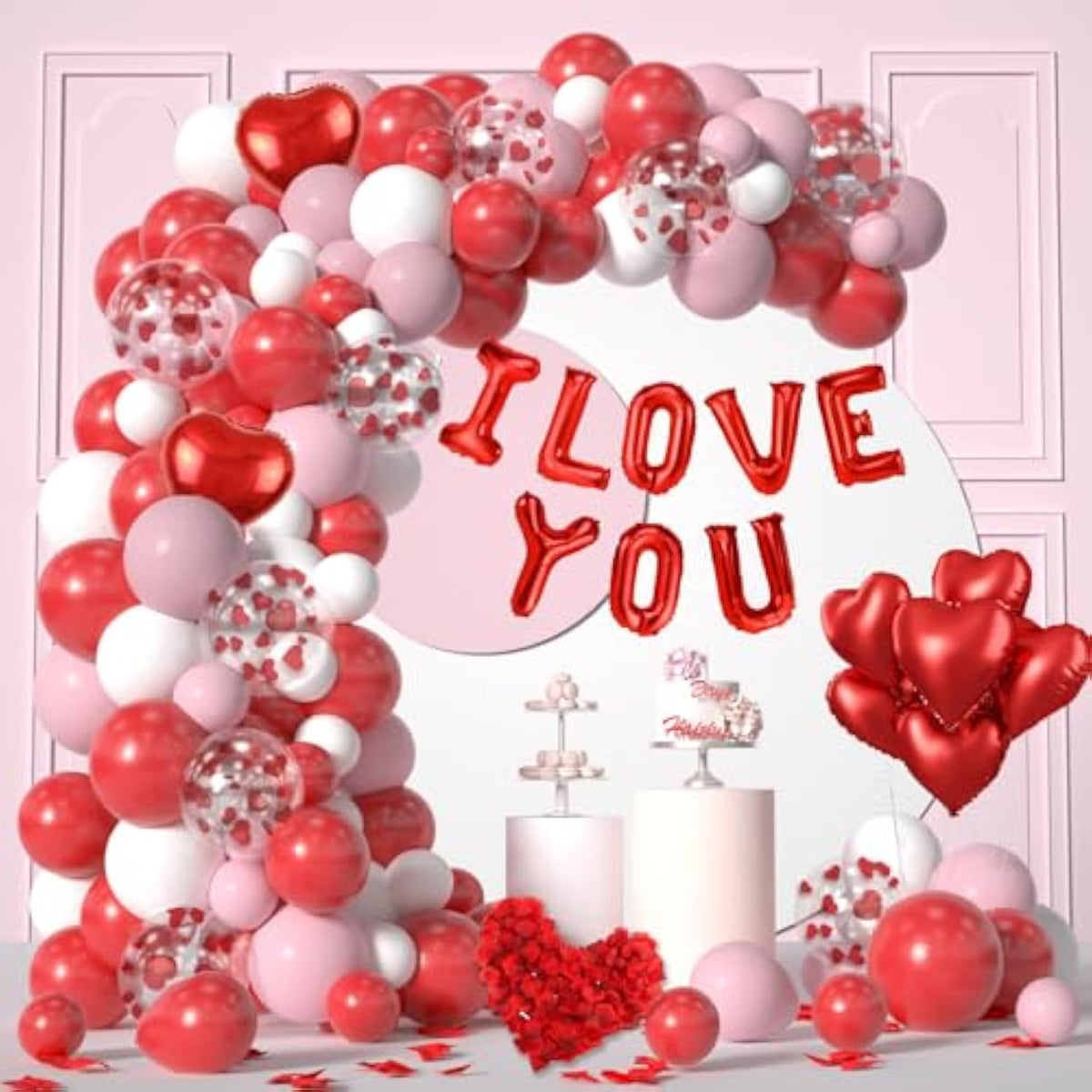 617Pcs Valentines Balloon Arch, I Love You Balloon, Red Pink White Heart Balloon And Rose Petals For Valentines Day Wedding Engagement Anniversary Romantic Decorations Special Night