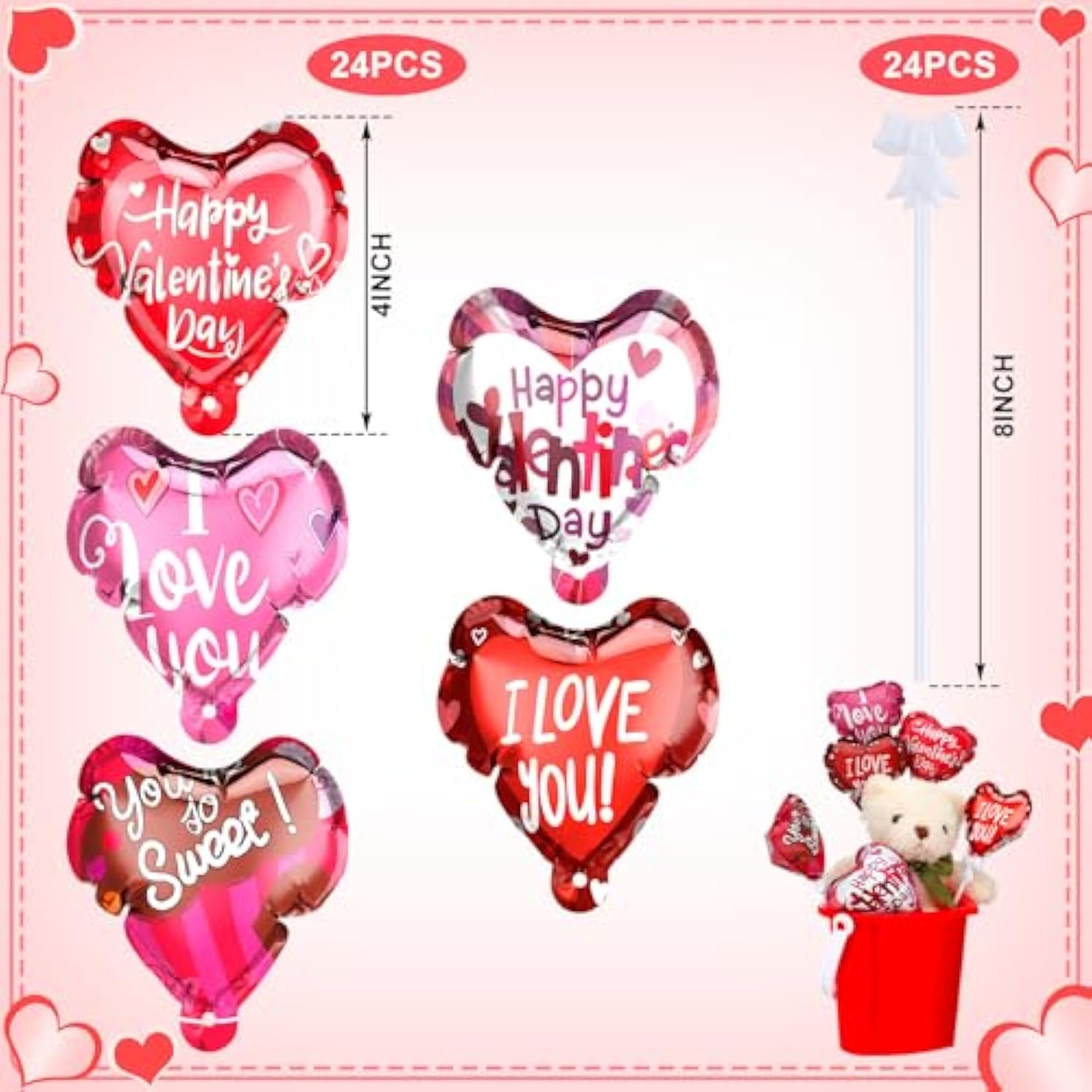 24 Pcs Valentine‘S Day Balloons Self Inflatable Heart Balloons With Bow Rod 4 Inch Valentine Decoration For Wedding Birthday Engagement Party Supplies