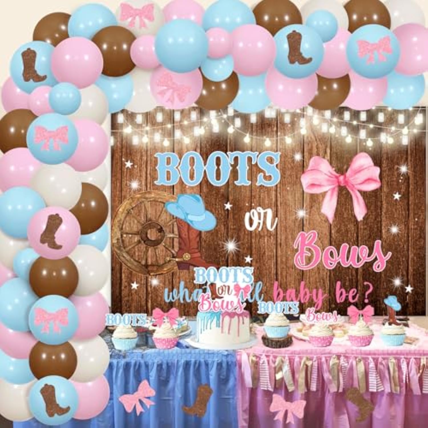 Boots Or Bows Gender Reveal Decorations, Balloons Arch Kit What Will Baby Be He Or She Backdrop Cake Cupcake Toppers Stickers For Western Cowgirl Gender Reveal Decorations