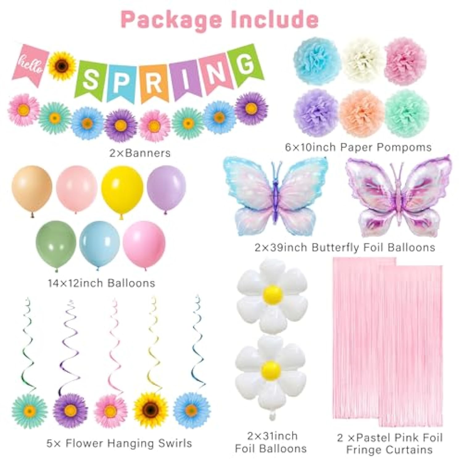 Spring Party Decorations, Hello Spring Banner, Paper Pom Poms, Flowers Hanging Swirls, Daisy Flower Butterfly Foil Balloons, Fringe Curtains, Flower Butterfly Themed Birthday Party Supplies