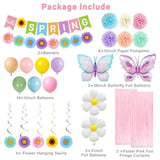 Spring Party Decorations, Hello Spring Banner, Paper Pom Poms, Flowers Hanging Swirls, Daisy Flower Butterfly Foil Balloons, Fringe Curtains, Flower Butterfly Themed Birthday Party Supplies