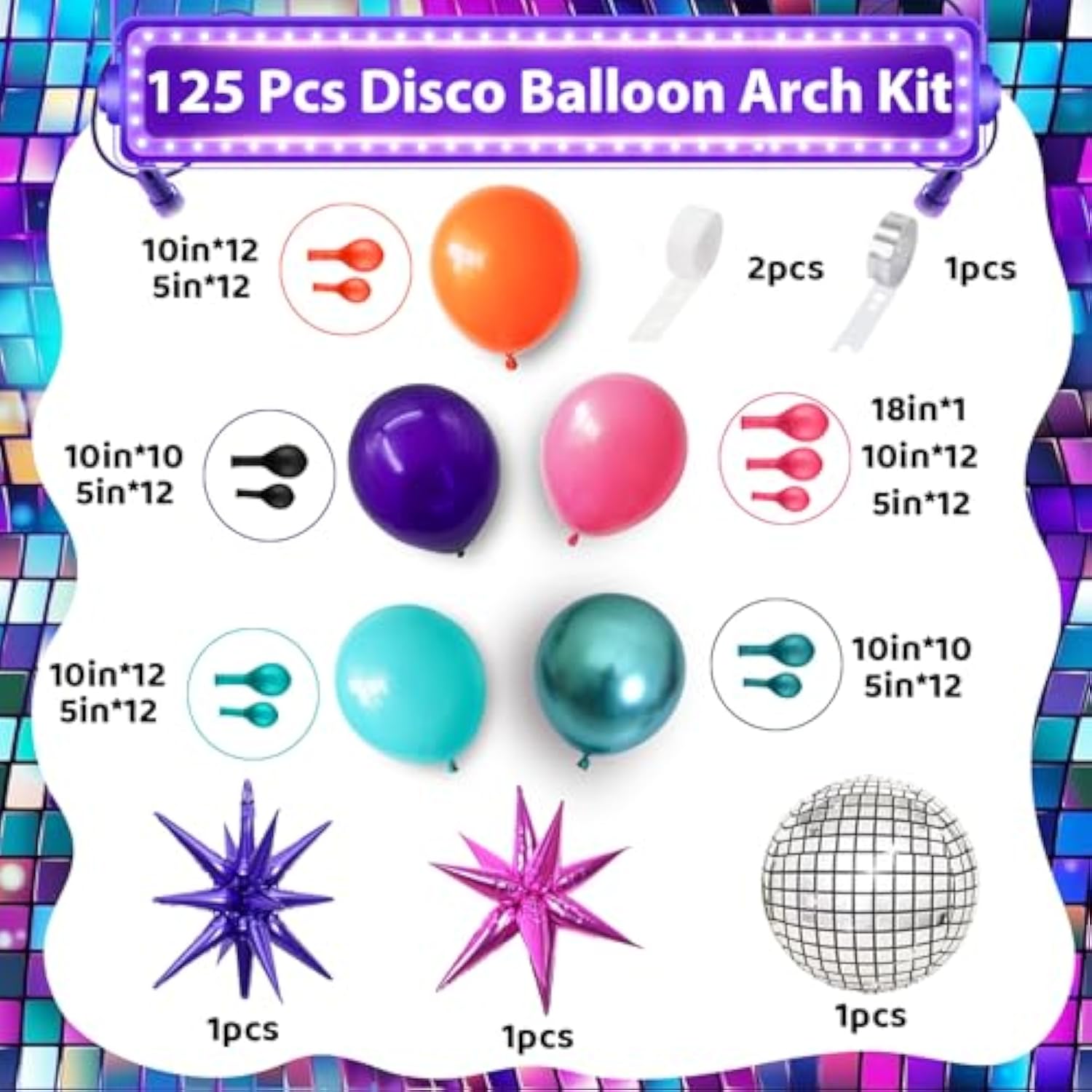 Disco Balloon Arch, 125 Pcs 80S Balloon Arch Kit Mit Hot Pink And Purple Teal Orange Metallic Green Balloons, 22 Inch Disco Ball Mylar Explosion Star Foil Balloon For Singer Music Fans Decorations
