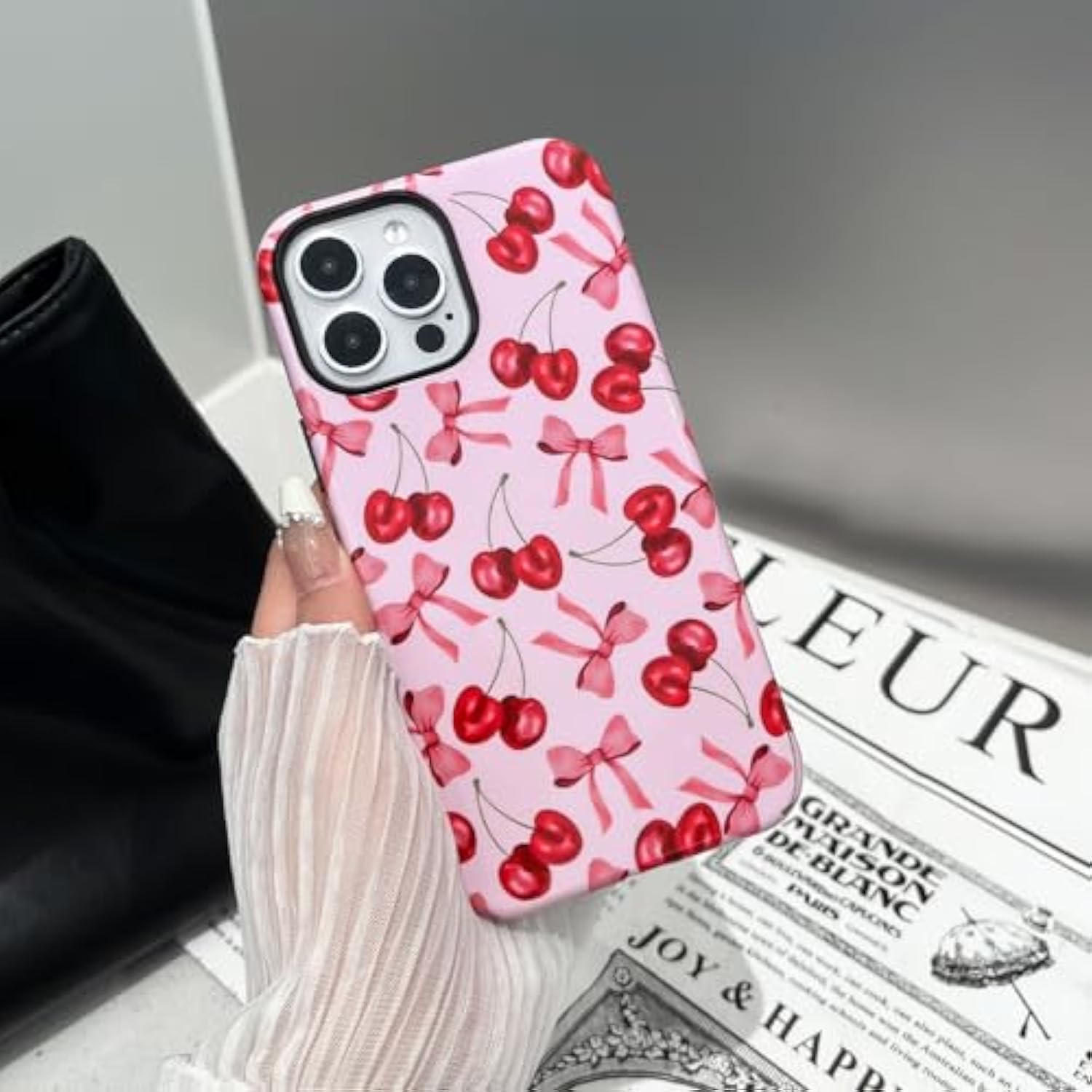 Compatible With Iphone 15 Pro Max Case,Cute Pink Cherry Bow Pattern With Shockproof Slim Soft Tpu And Hard Pc Protective Cover For Women Designed For Iphone 15 Pro Max Case (Glossy)