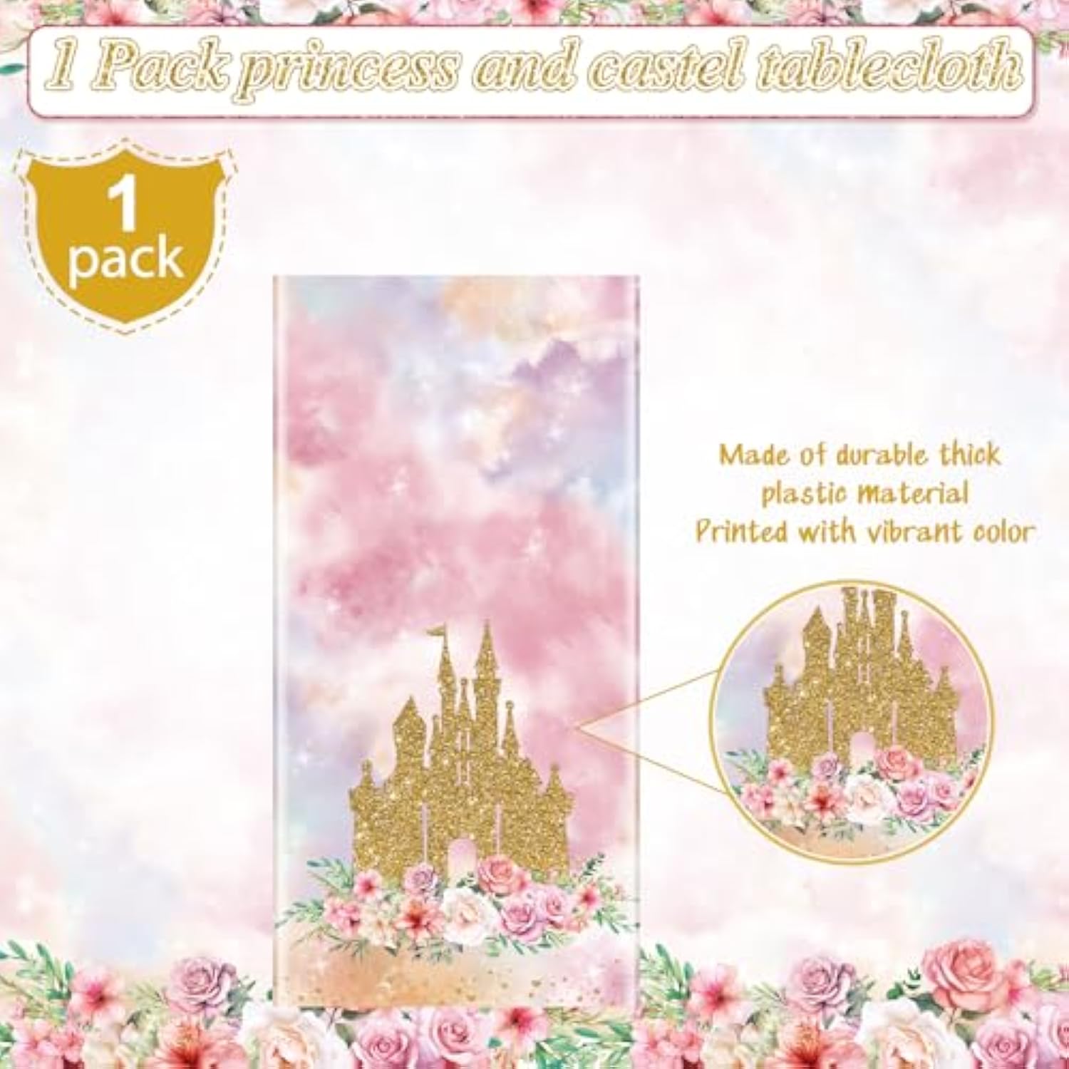 1 Pack Princess Tablecloths Birthday Decorations,Plastic Pink Rose Castle Table Cloth For Parties,Disposable Rectangle Floral Table Cover For Baby Shower Girls Birthday Party Supplies,54X108 Inch