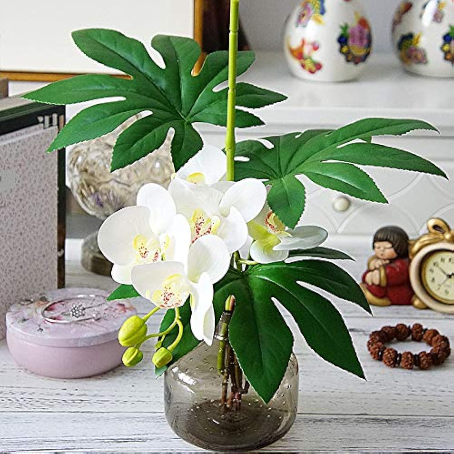 6 Pcs 3D Artificial Real Touch Latex Phalaenopsis Orchid Stem Bouquets Artificial Flowers For Wedding Party Home Garden Decoration (White&Yellow Heart)