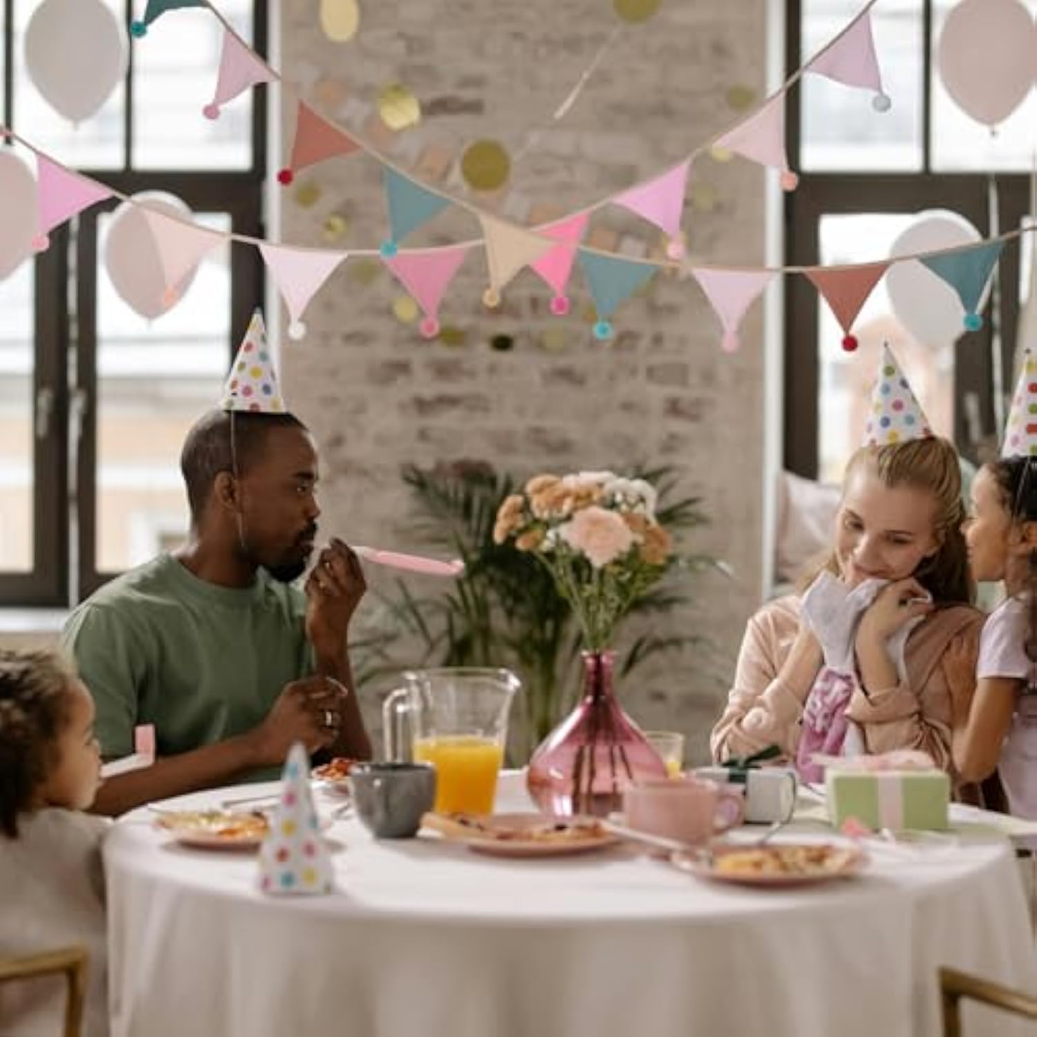 Fabric Bunting Banner, 2 Pack Handmade Neutral String Banner With Felt Ball Each 8.5 Ft 10 Flags Nursery Wall Hanging Wedding Birthday Home Baby Shower Party Decoration Bunting (Pink 2 Pack)