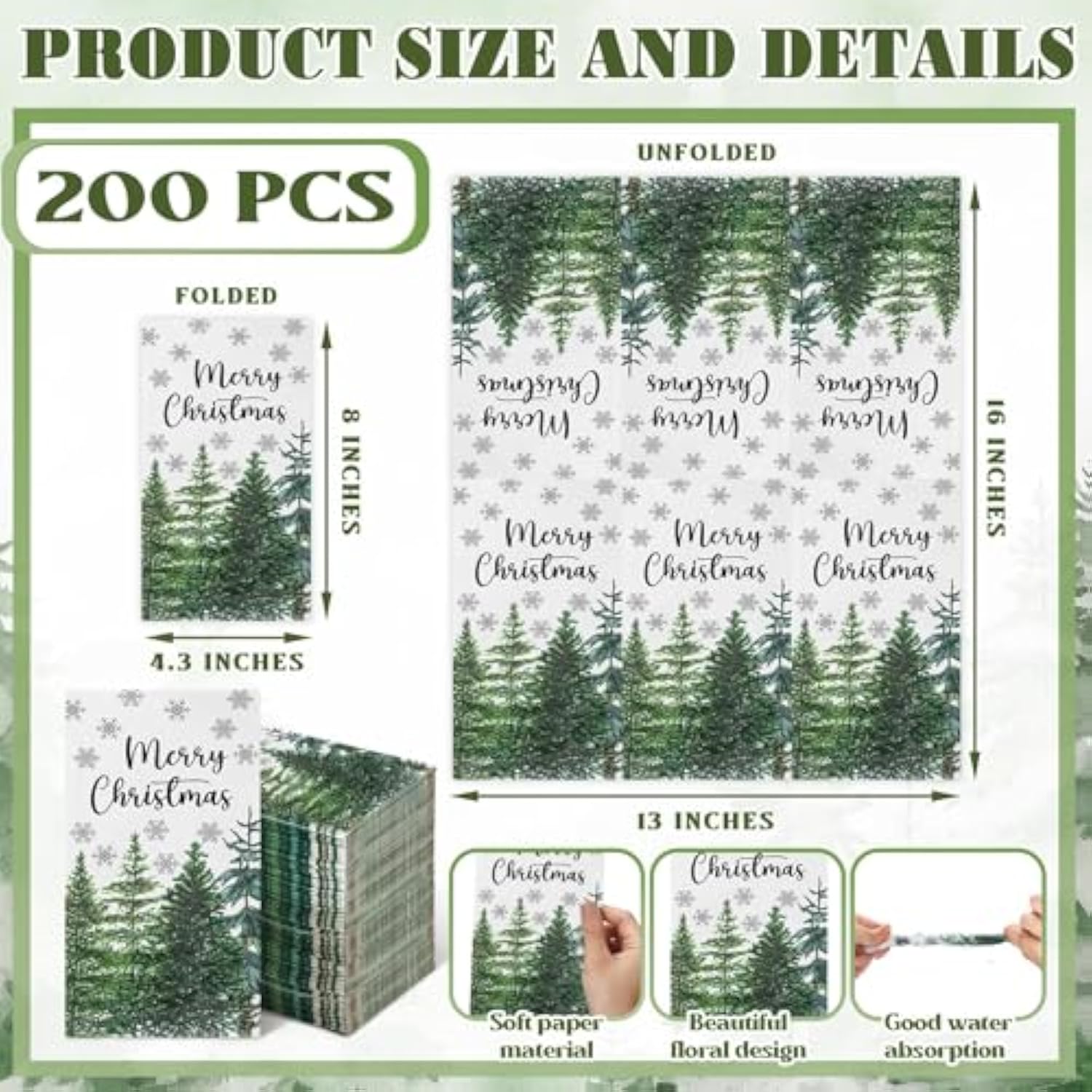 200 Count Christmas Tree Disposable Bathroom Hand Towels Paper Guest Towels For Bathroom Tree Flower Bird Napkin Paper Disposable Guest Napkins For Birthday Holiday Party Supplies