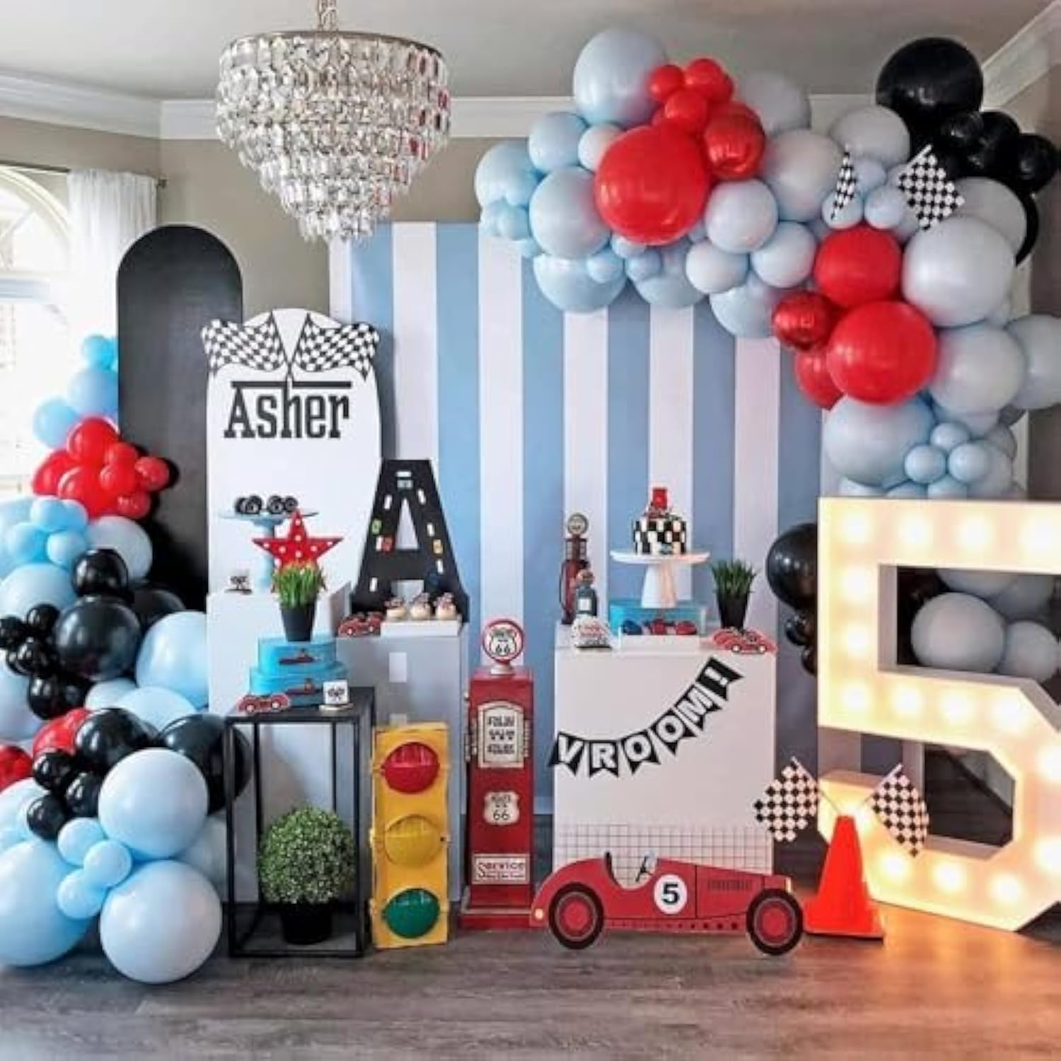 Race Car Balloons Arch Garland Kit 148Pcs Red Blue Black Checkered Flag Foil Balloon Racing Car Theme Two Fast 2Nd Birthday Party Supplies For Boys