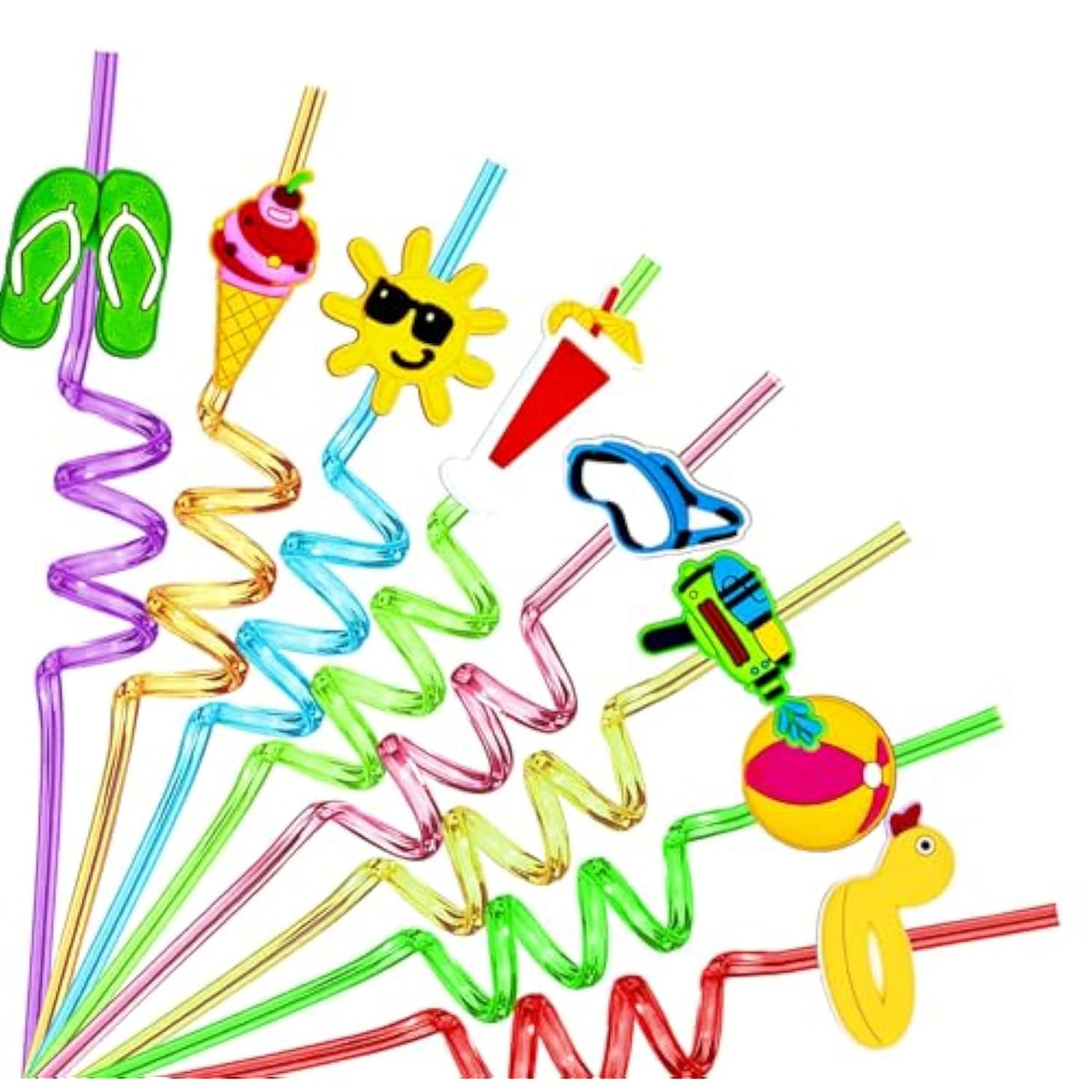 24Pcs Beach Drinking Straws Reusable For Kids Pool Theme Birthday Party Favors Supplies Decorations With 2 Pcs Cleaning Brushes (Beach)