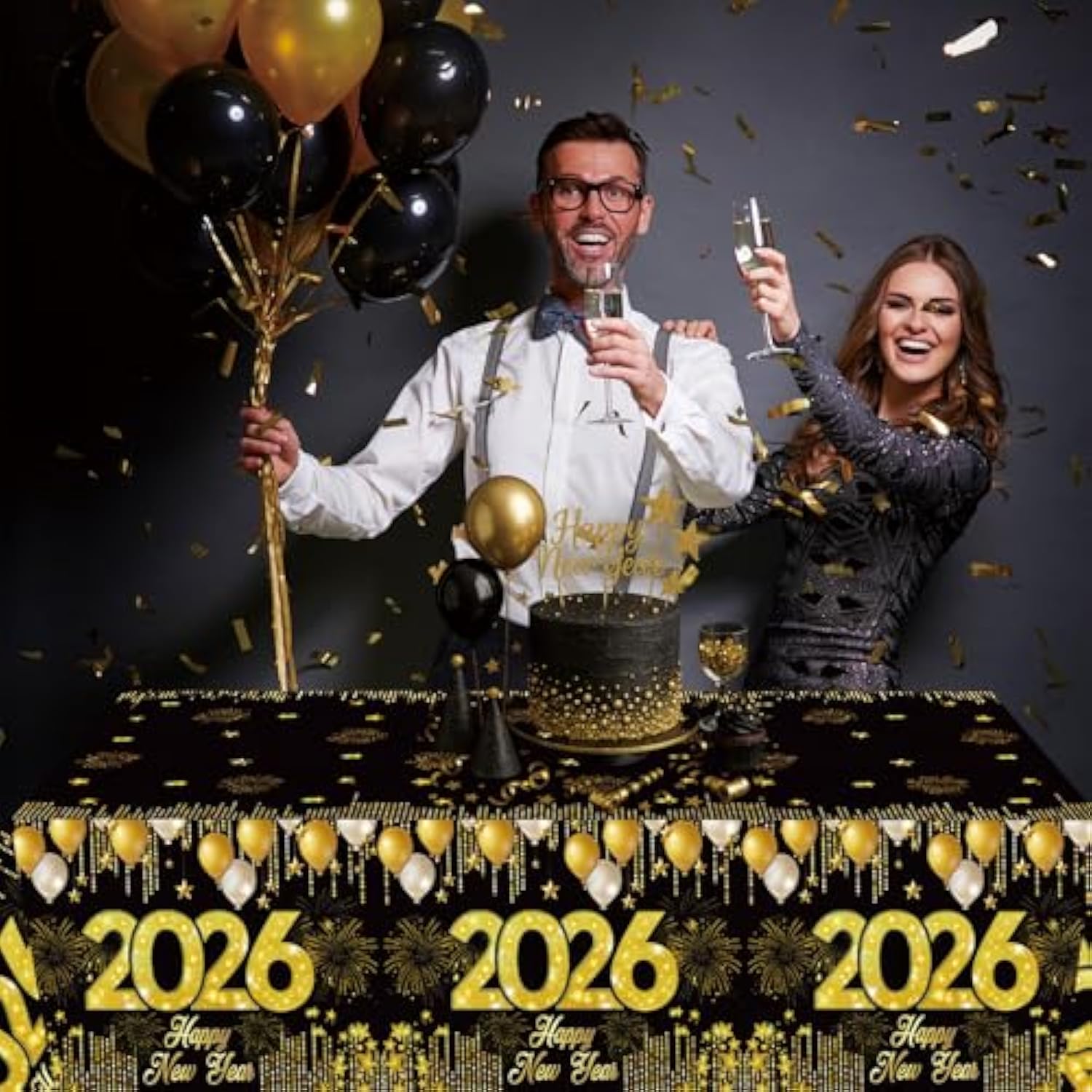 3-Pack Black and Gold New Year 2026 Tablecloths 51x87 Inch Disposable