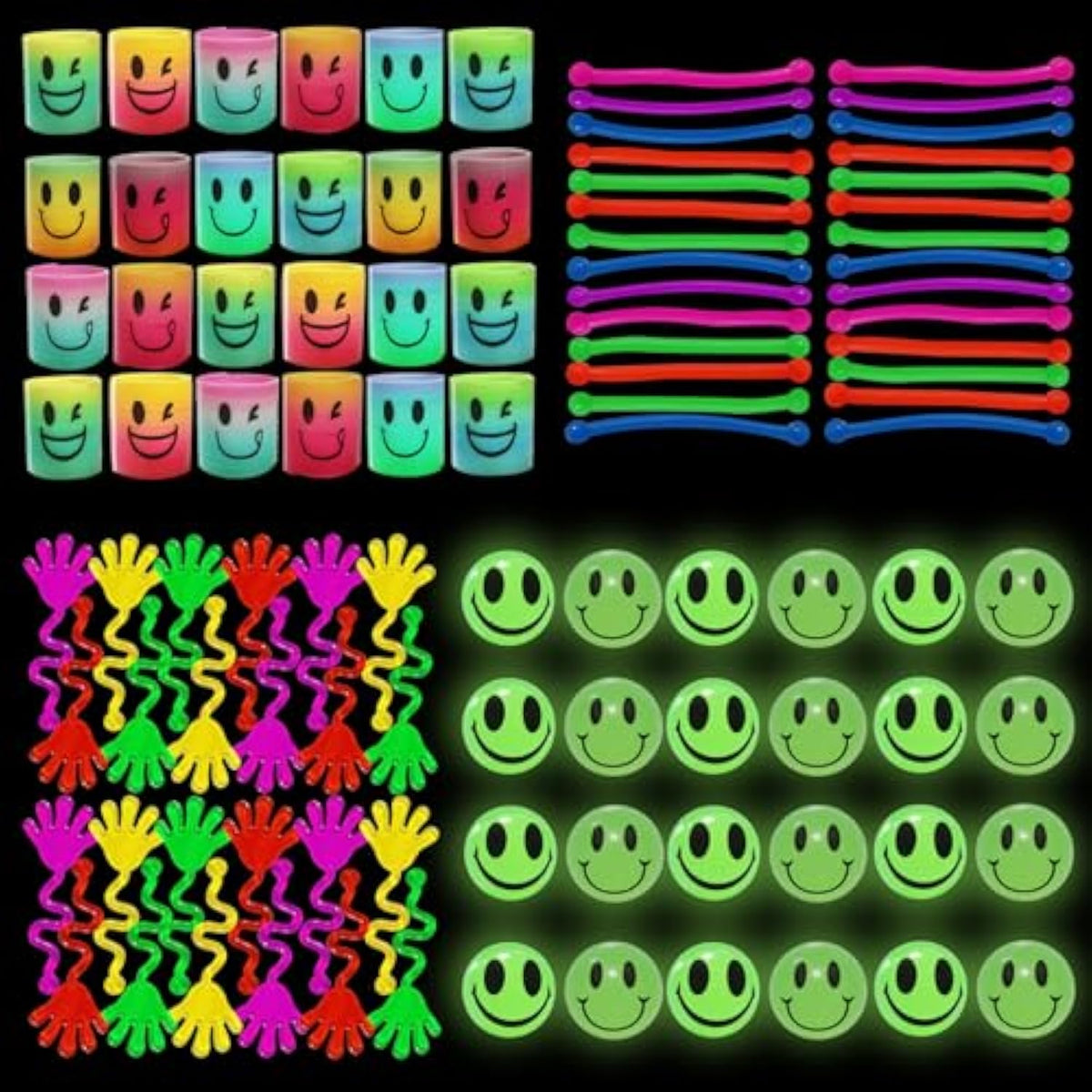100 Pcs Glow In The Dark Toys - 24 Bouncy Balls, 24 Coil Spring, 24 Sticky Hands, 28 Sensory Stretchy Strings, Goodie Bags Stuffers For Birthday Party, Classroom Prizes , Small Bulk Toys Gifts
