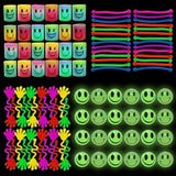 100 Pcs Glow In The Dark Toys - 24 Bouncy Balls, 24 Coil Spring, 24 Sticky Hands, 28 Sensory Stretchy Strings, Goodie Bags Stuffers For Birthday Party, Classroom Prizes , Small Bulk Toys Gifts
