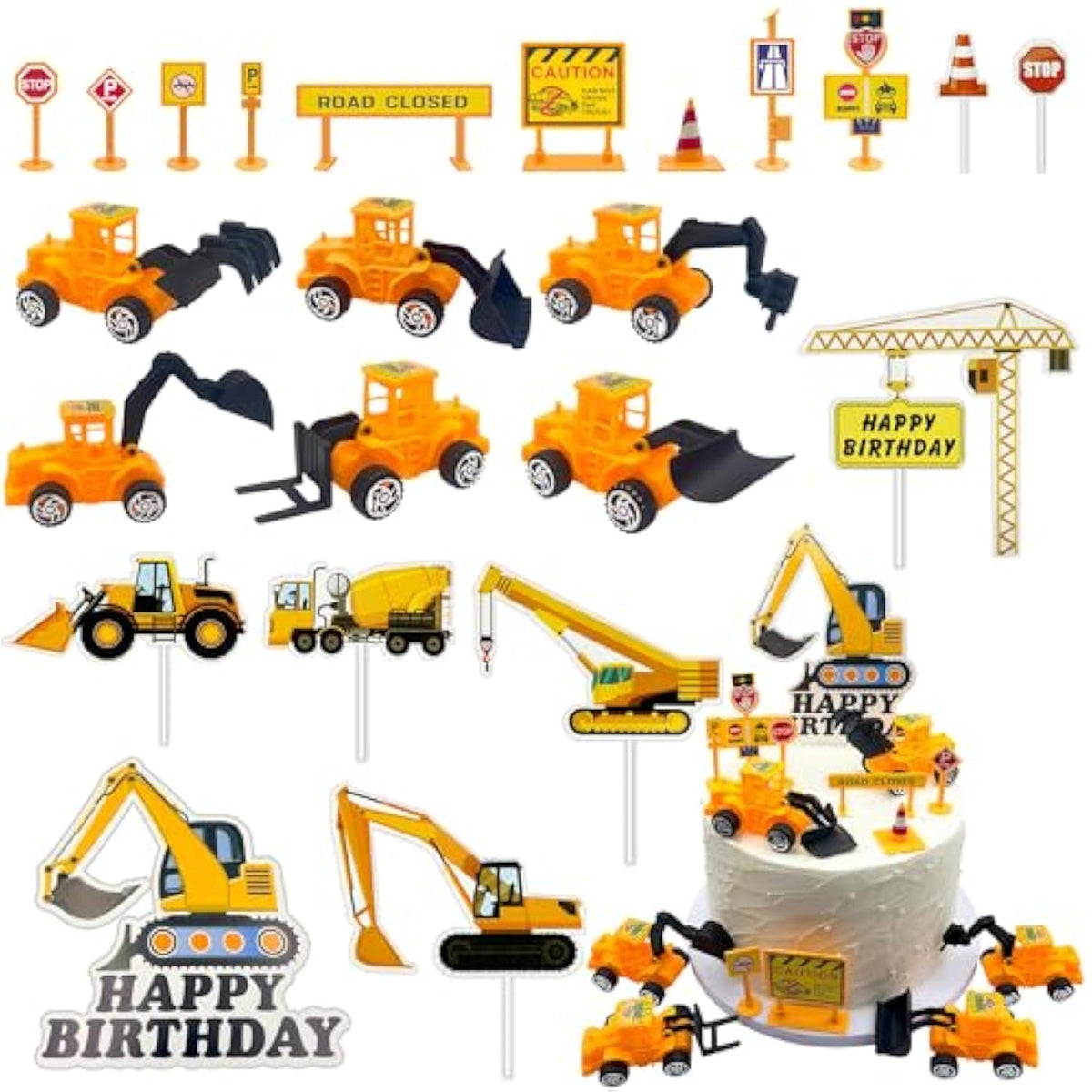 23Pcs Constructions Cake Toppers Vehicles Cake Decoration Excavator Crane Truck Cupcake Topper Traffic Road Sign Cupcake Construction Cake Decorations Happy Birthday Sign For Party Supplies