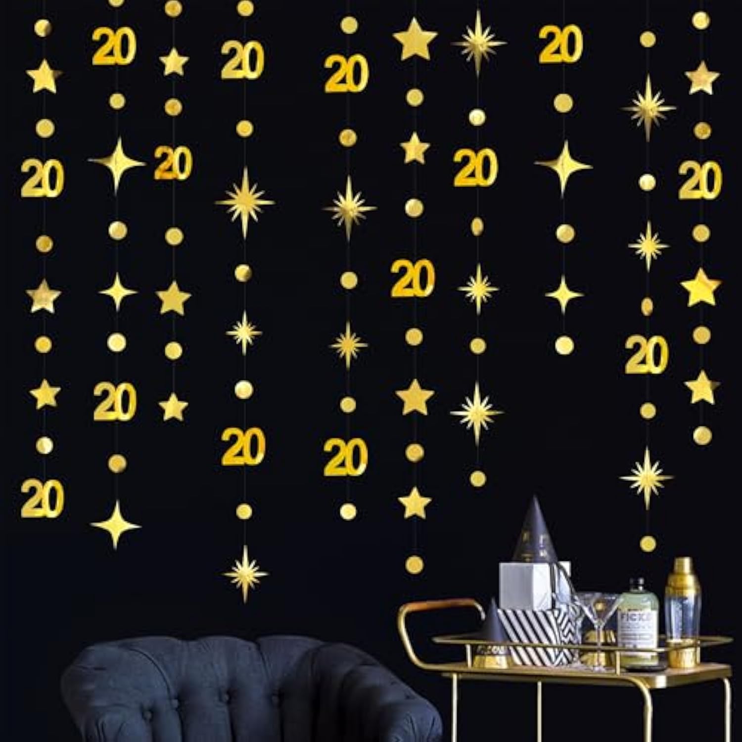 Gold 20Th Birthday Decorations Number 20 Circle Dot Star Garland Metallic Streamer Banner Backdrop For Women Mens Twenty Years Old Birthday Cheers To 20 Years Happy 20Th Anniversary Party Supplies