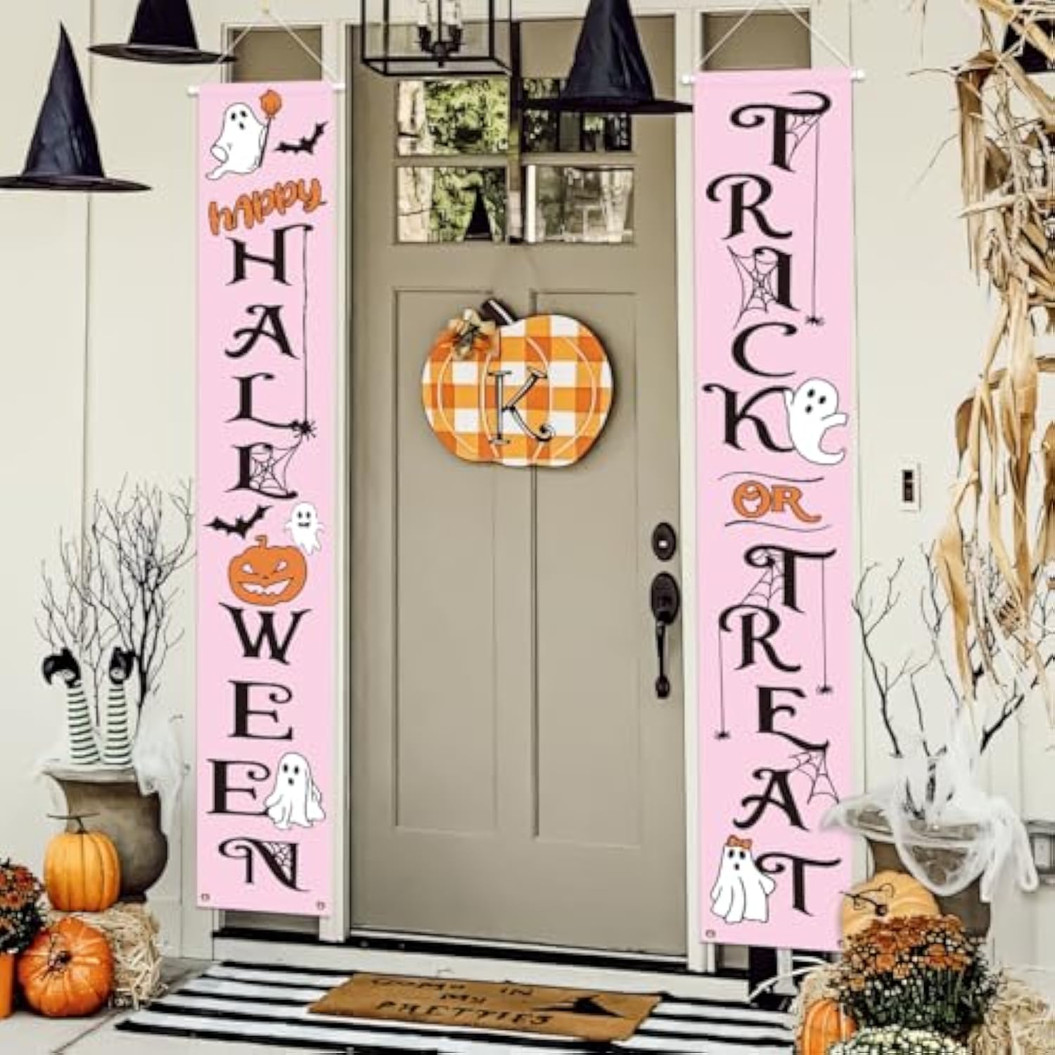 Pink Happy Halloween Outdoor Banner Hanging Sign for Front Door Porch Yard Party Decor
