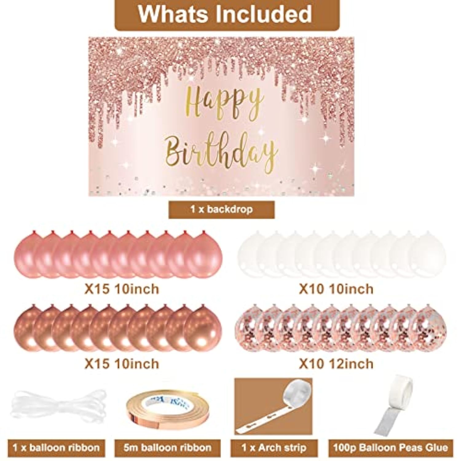 Rose Gold Happy Birthday Banner Backdrop With Confetti Balloon Garland