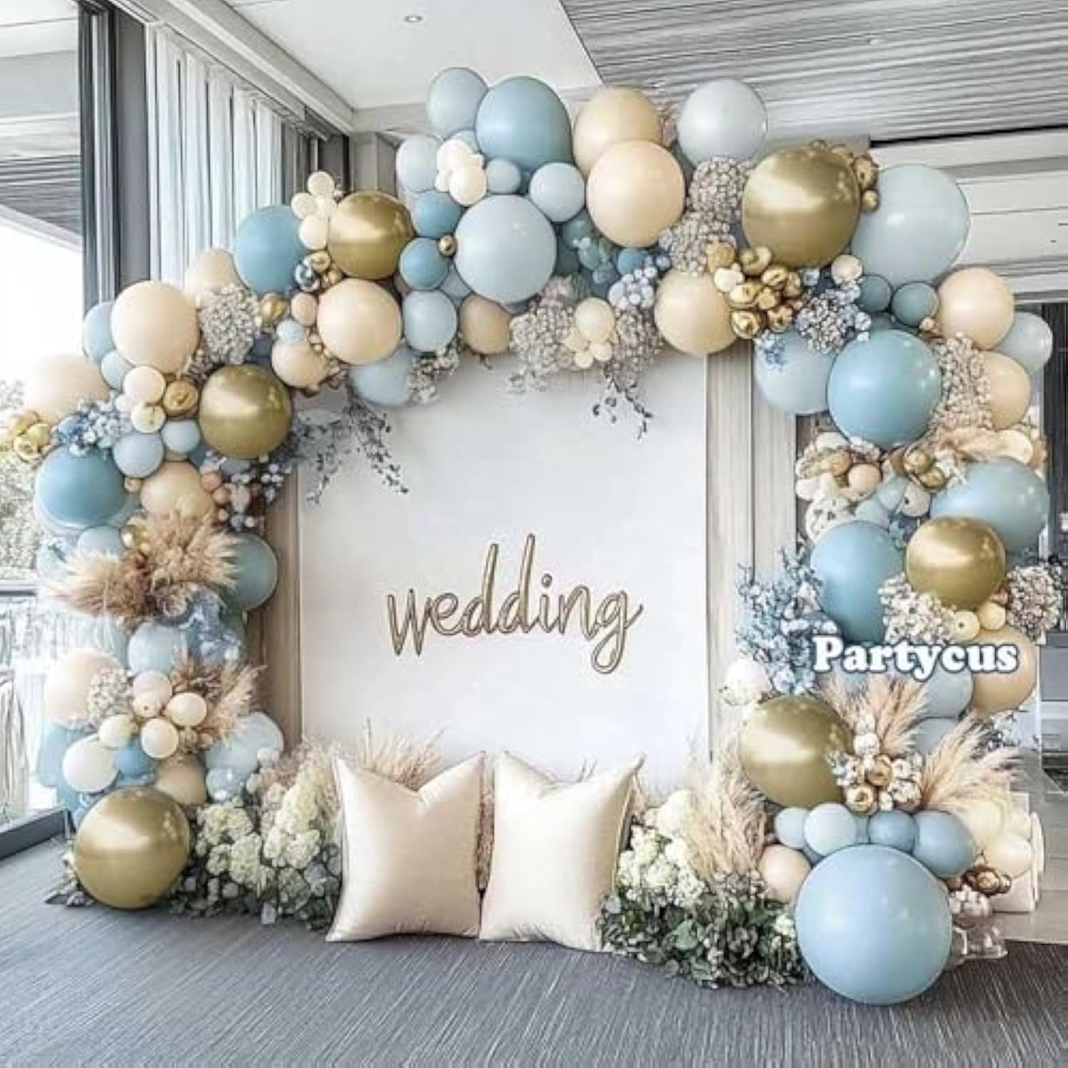 Dusty Blue White Sand Balloon Garland Double Stuffed Pastel Light Blue Cream Beige Matte Balloon Arch Kit With Gold Latex For Neutral Baby Shower Wedding Birthday Summer Party Decoration